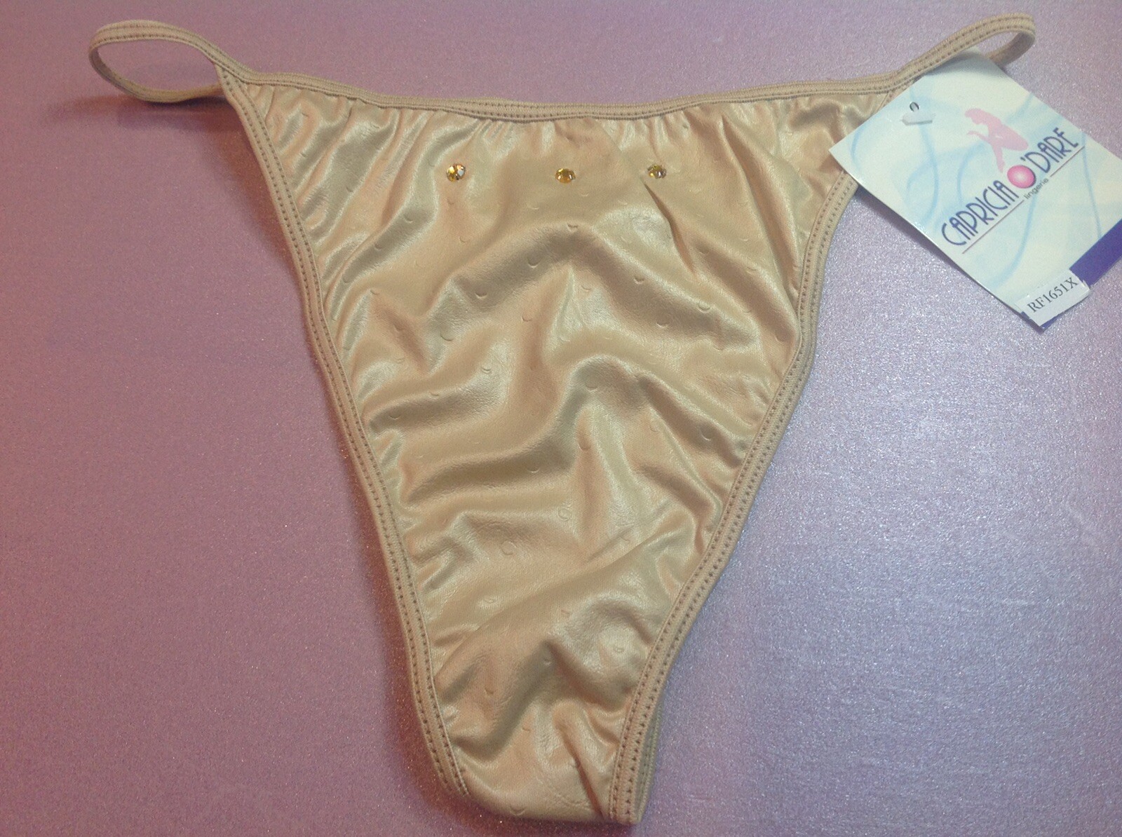 Women Panties,Thongs”CAPRICIA O’DARE” Size 9 Beige Leather Look W/Decorations