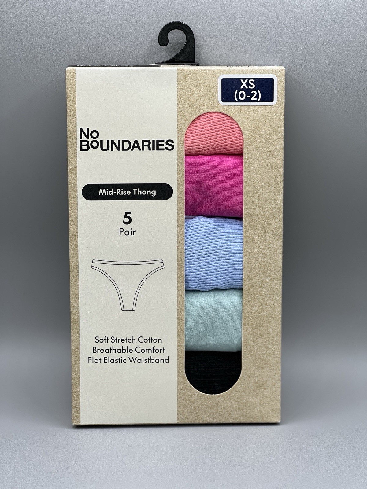 5-Pair NO BOUNDARIES Women’s Size XS (0-2) Mid-Rise Thong Ribbed Stretch Cotton