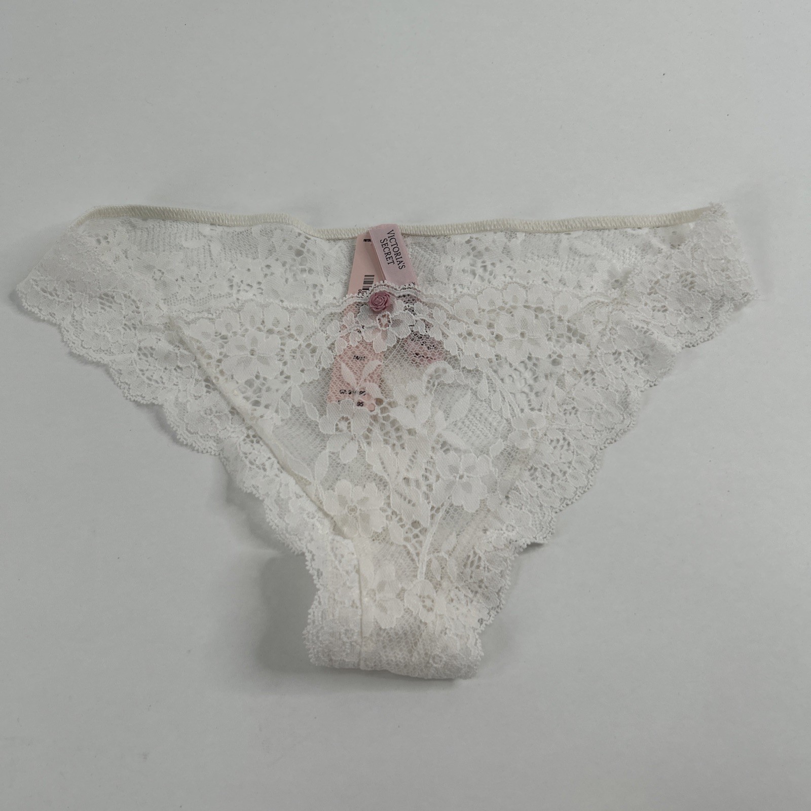 NWT VICTORIA’S SECRET WHITE LACE PINK ROSE APPLIQUE BRAZILIAN CHEEKY PANTIES