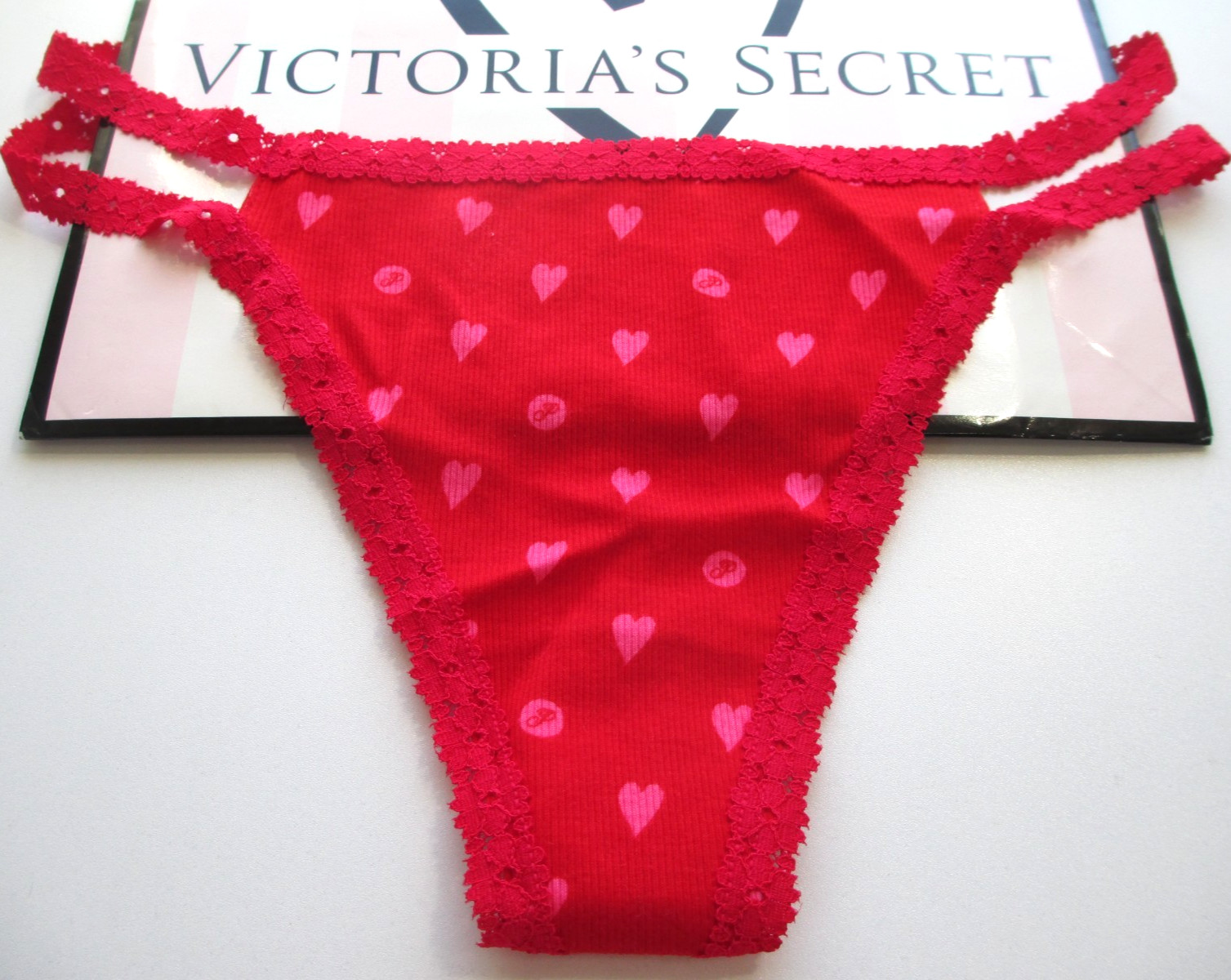 VICTORIA’S SECRET PINK Wink Strappy Cotton Thong Panty S M L Red NWT Hearts VS