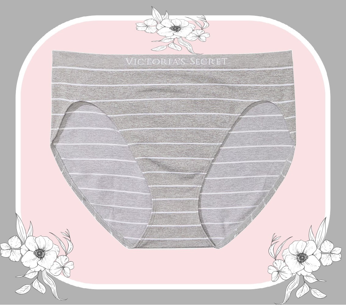 L Grey White Stripe SEAMLESS NO SHOW Victorias Secret High-Leg Waist Brief Panty