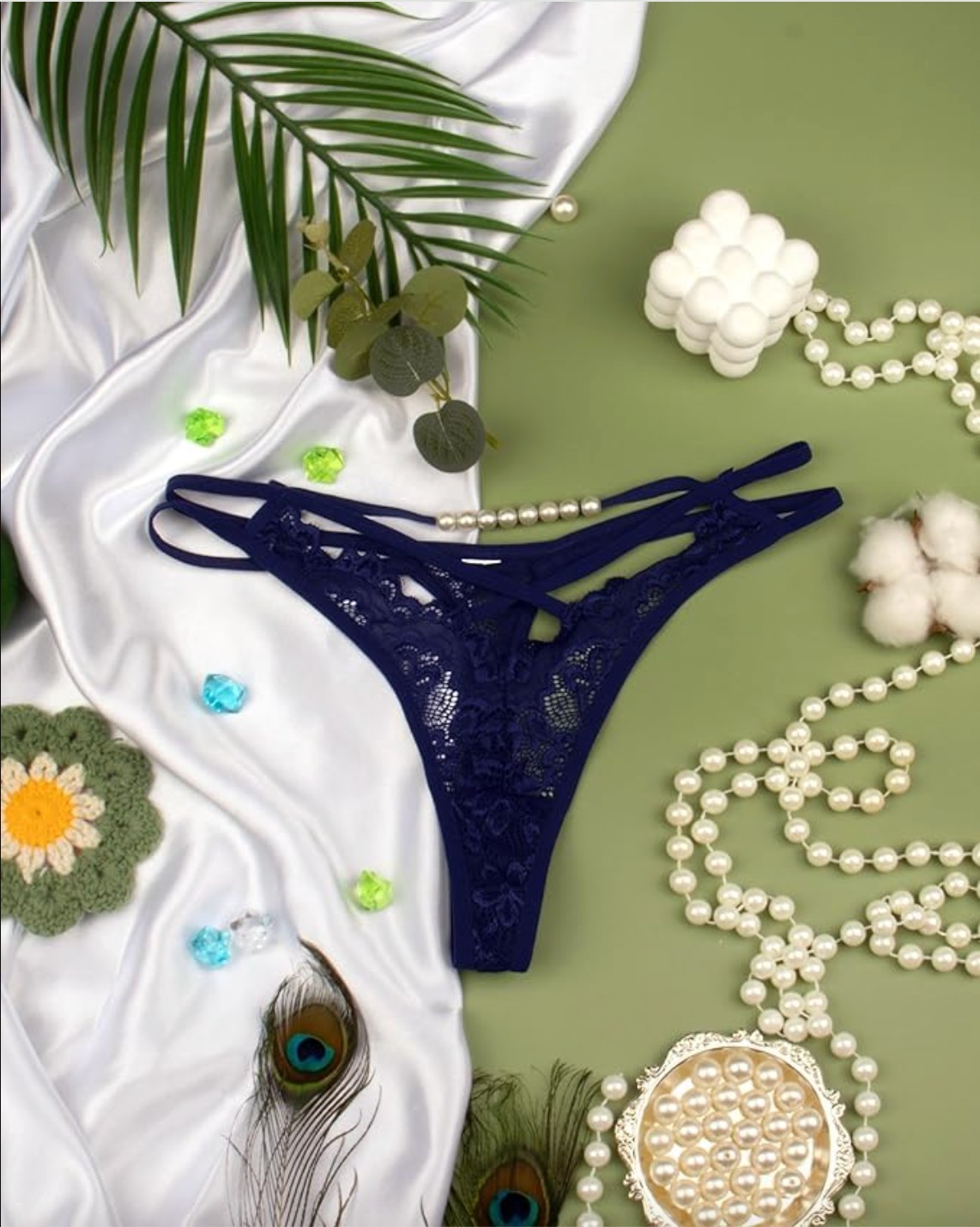 Women Sexy Lace Pearl Thong Panties Floral Low Rise G String Underwear
