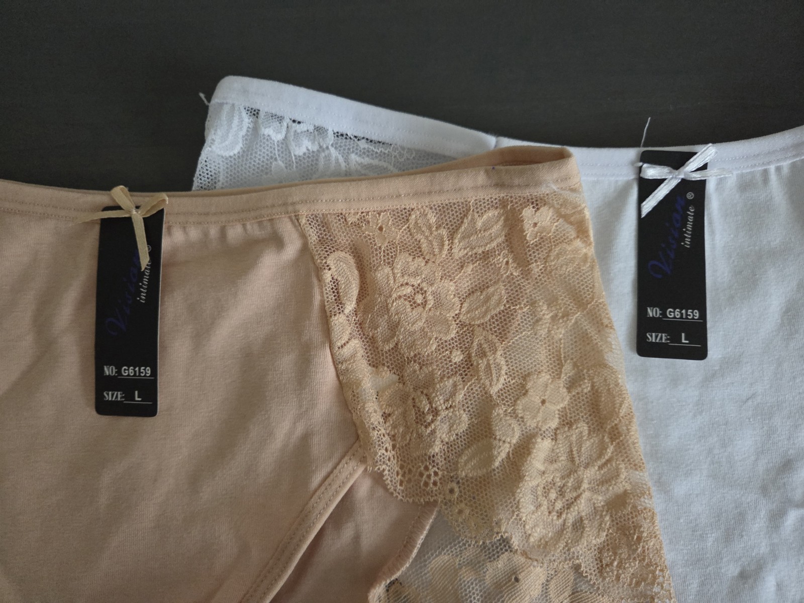 Vision Lace Floral Brief Panties 2 Pack Beige White Size L Cotton Spandex Bow
