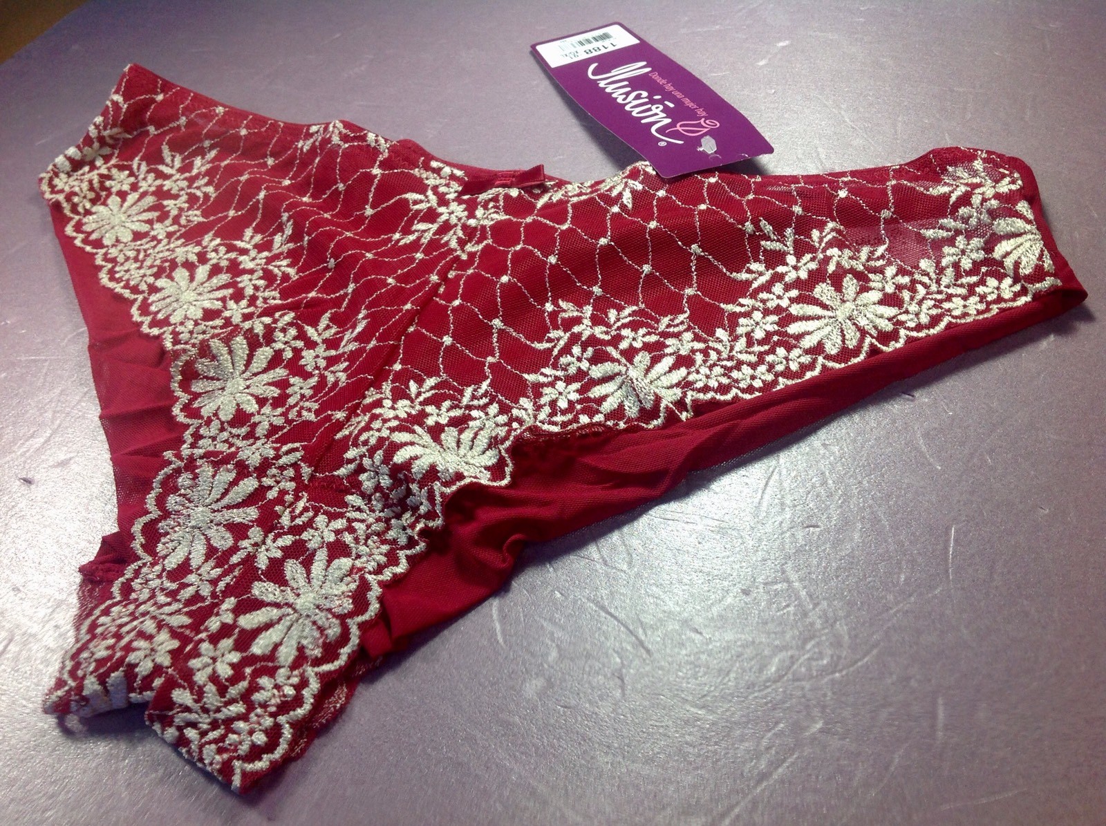 Women Panties,bikinis ILUSION Size XL Red Floral W/gauze Fishnet Decoration