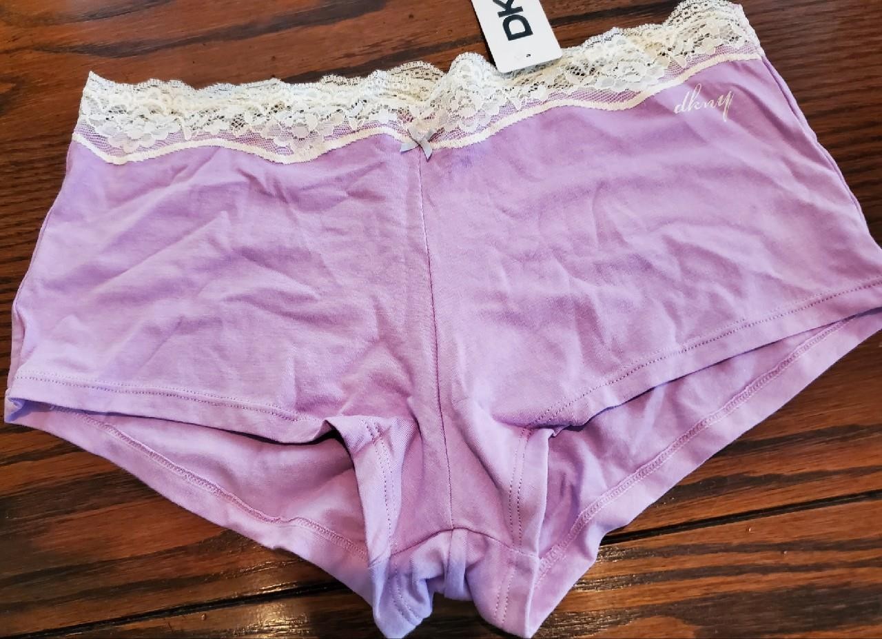 NWT RARE DKNY COTTON BOYSHORT PANTIES STRETCH LACE WAISTBAND 545114 5FC LAV M
