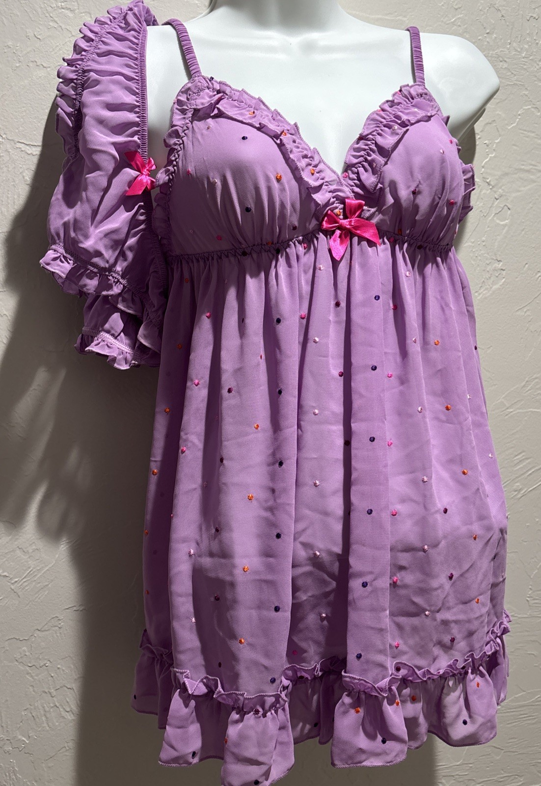 Victoria Secret Embroidered Polka Dot Babydoll & Panty -purple lavender S/P NWT