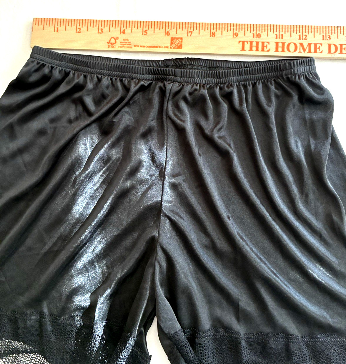 New Women Black Medium French Knicker Shiny Faux Satin Lace Trim Wide Leg Shorts