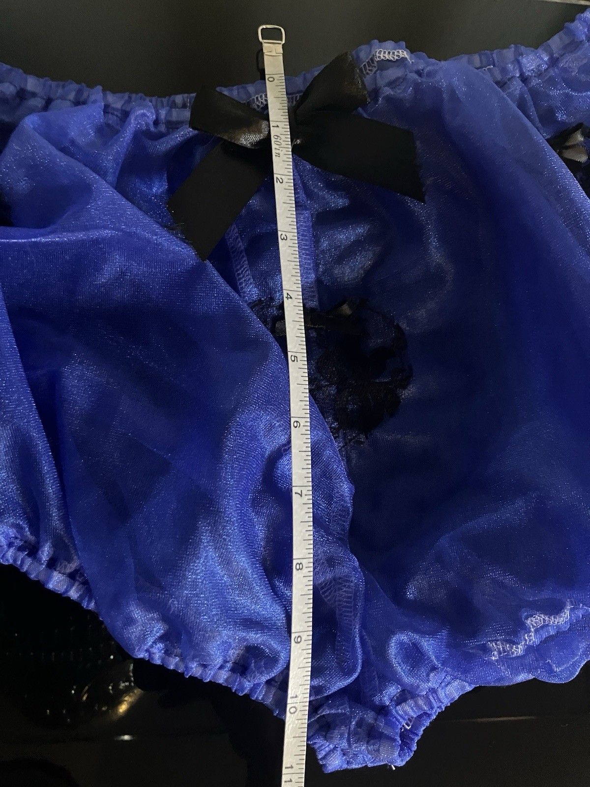 Women’s Sheer Mesh Brief Panties Blue/Black with Lace & Bow, 1 Piece french loon