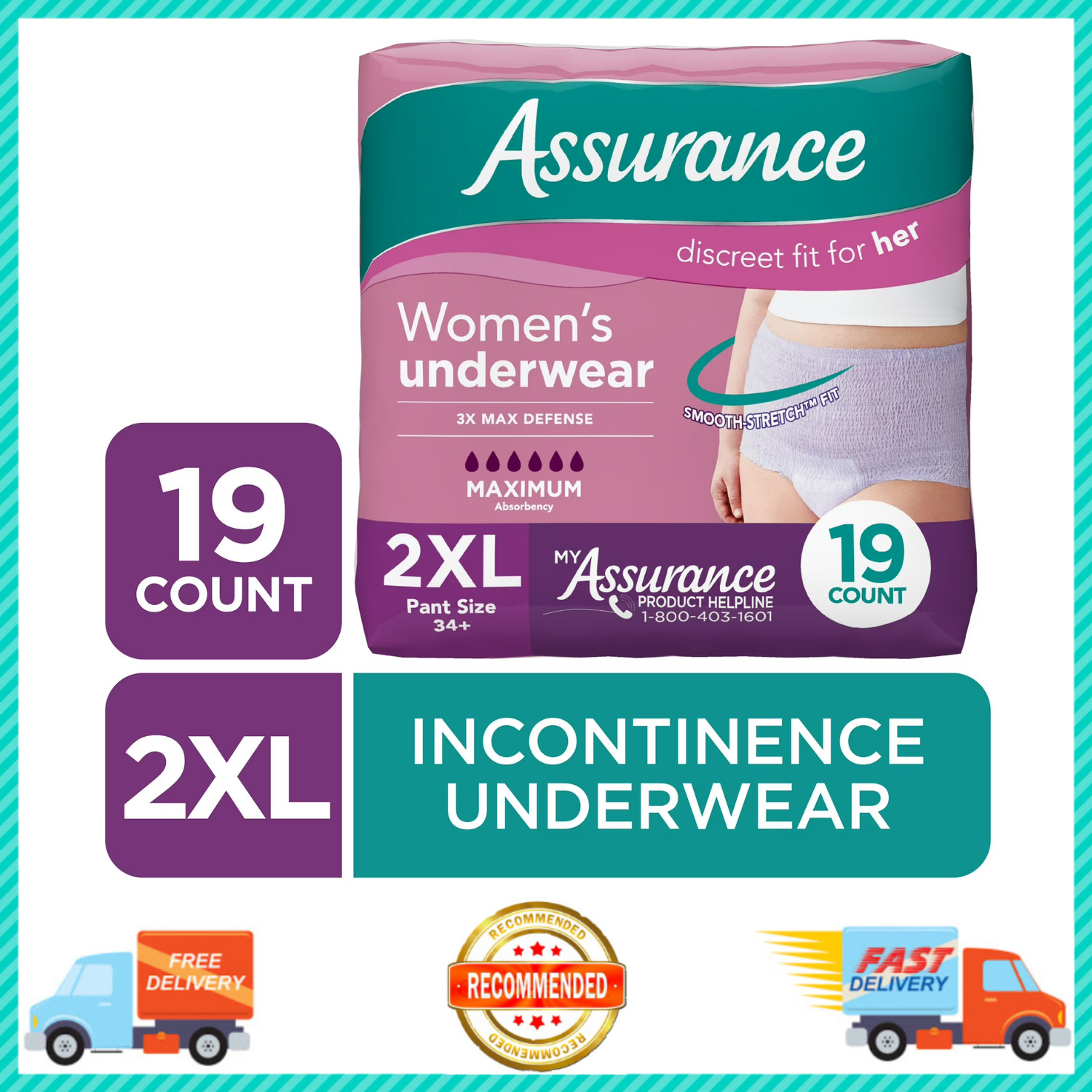 2pk Assurance Women’s Incontinence & Postpartum Underwear, XXL, (19Ct) Unscented