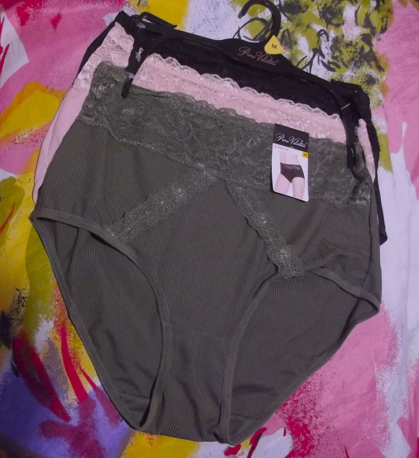 3 PRIMA VALENTINA 871398 GN/BG/BK MICROFIBER LACE TRIM RIBBED BRIEF PANTIES M