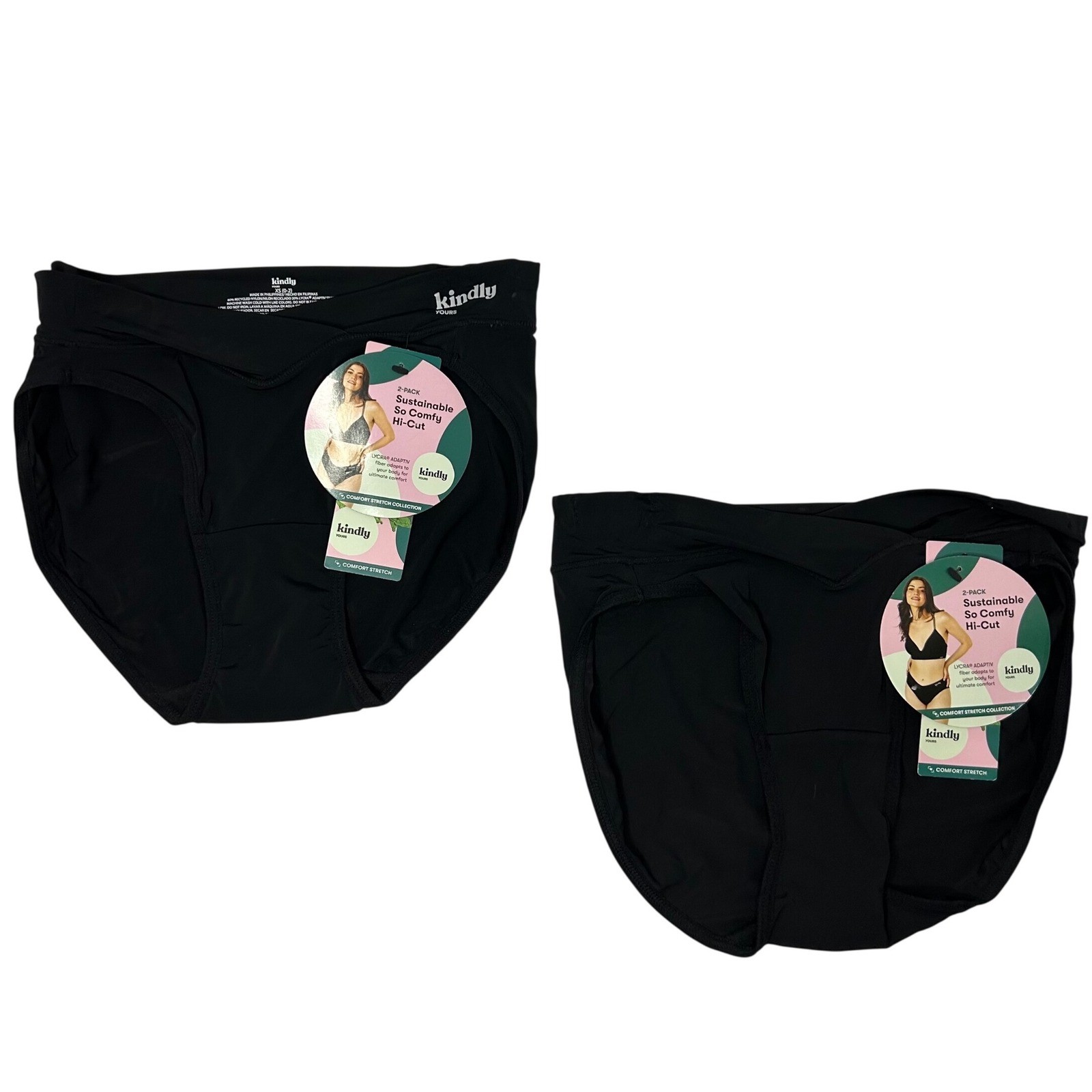Kindly Yours 2-Pack Sustainable So Comfy Hi-Cut Panties Black XS 0-2 New