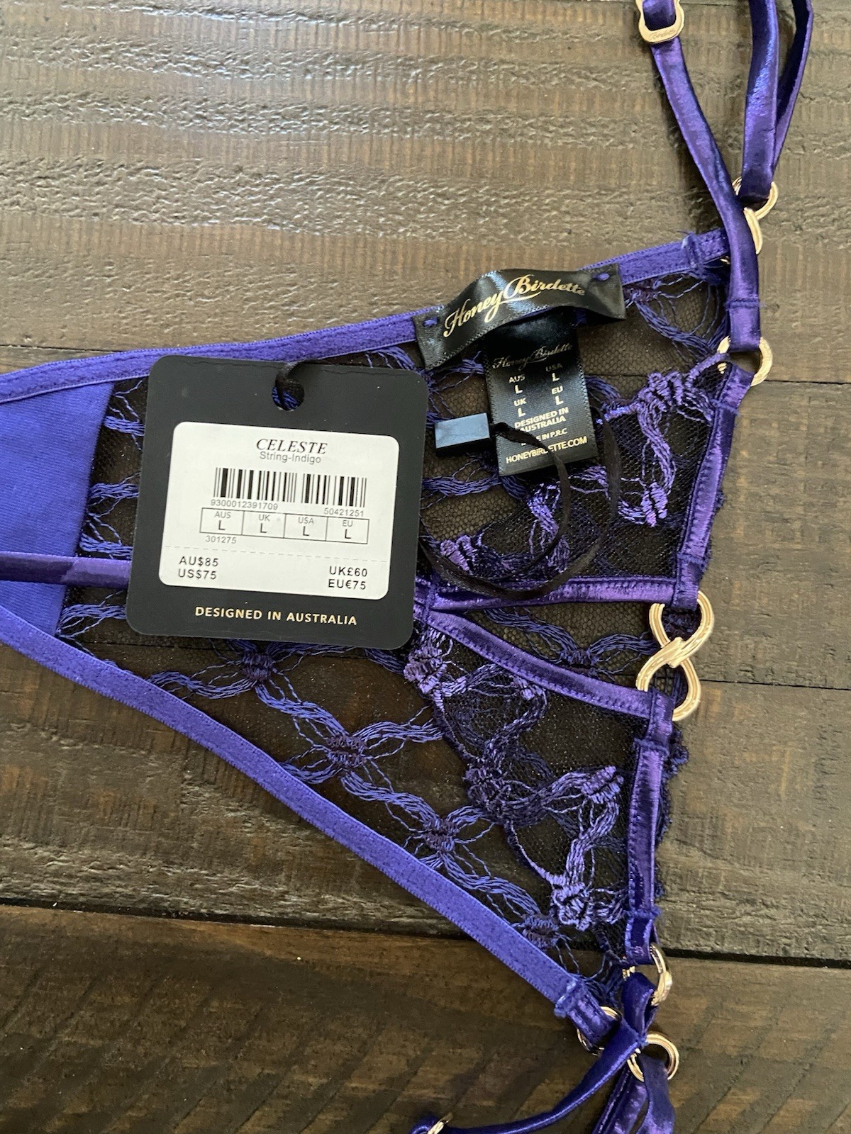 Honey Birdette Celeste Indigo Thong Panty Size L