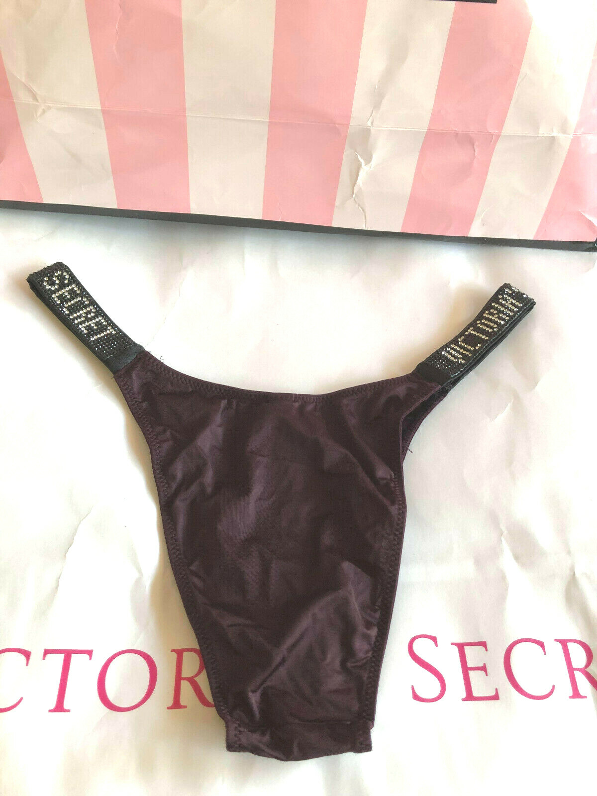 Victorias Secret Bombshell Shine Thong Panty Bling Rhinestone Black Orchid S NWT
