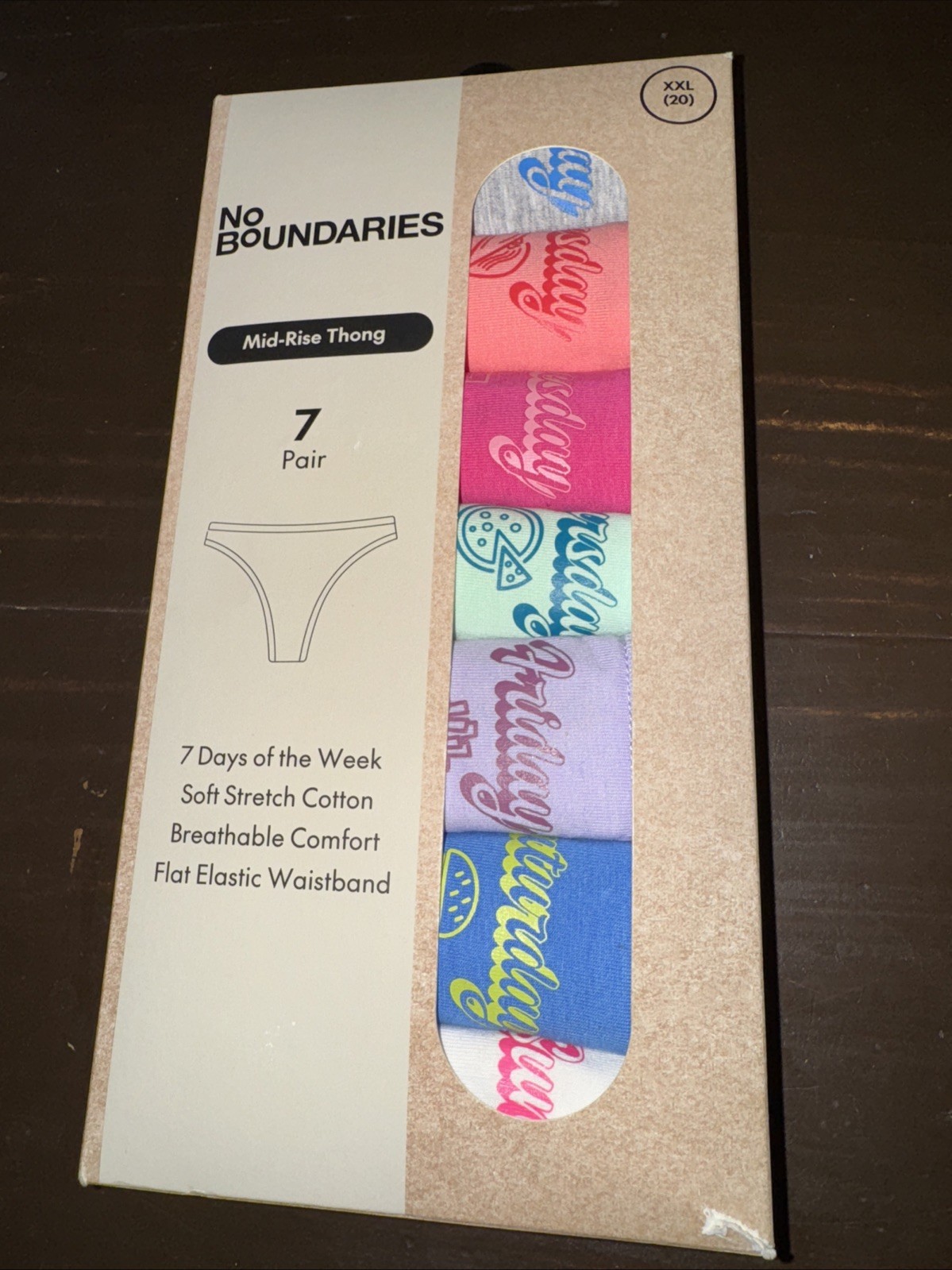 No Boundaries XXL Mid-Rise Thong Panties 7 Days of the Week Pack (Pack of 7)