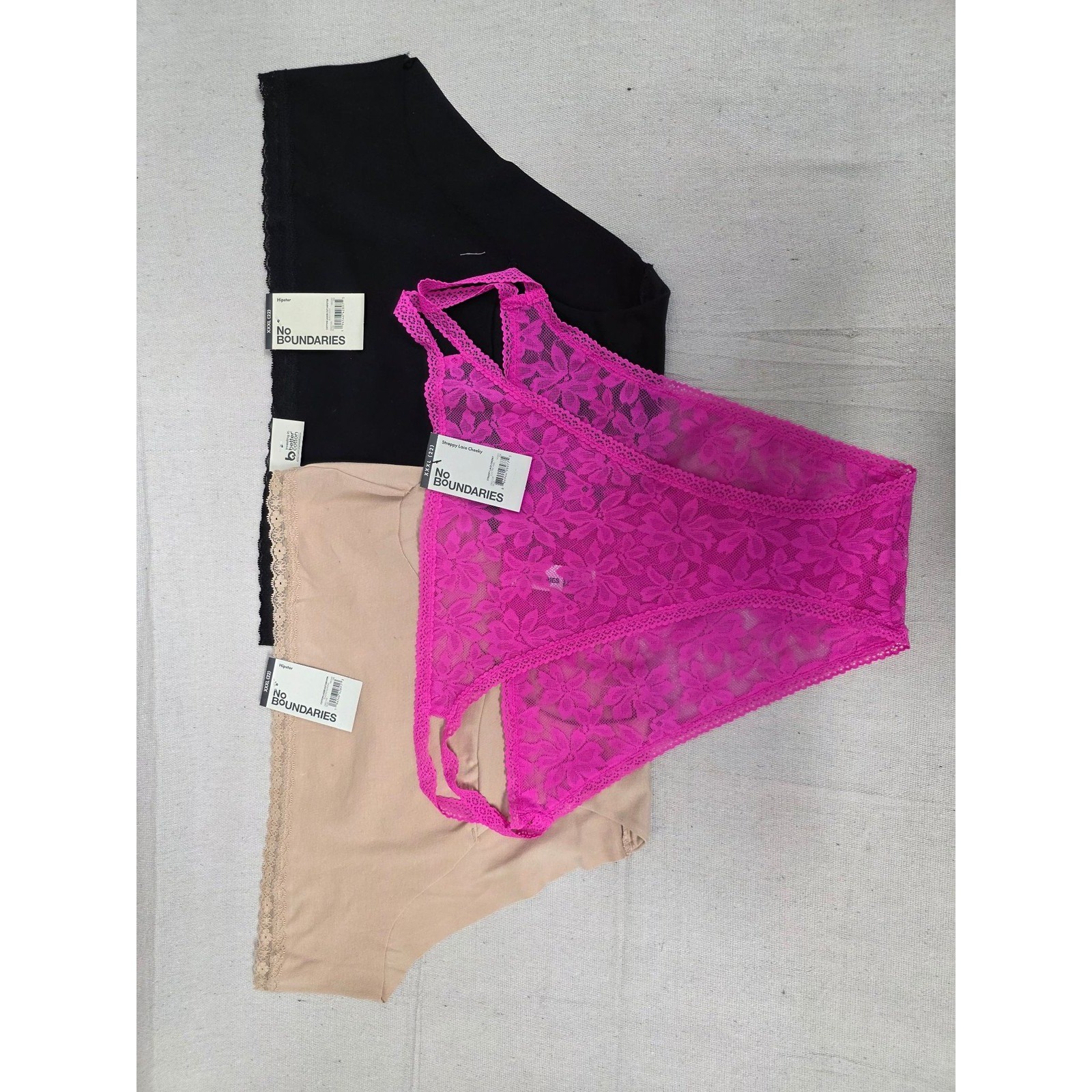 No Boundaries Panty Bundle XXXL 22 Hipster Cheeky Lace Black Nude Pink 3Pack NWT