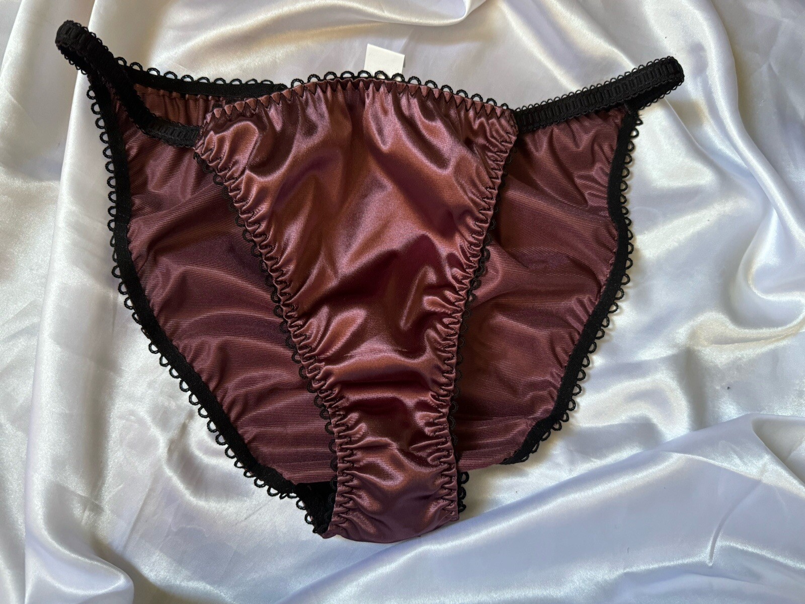 Purple Burgundy Satin String Bikini Panties Black Trim Sz Large