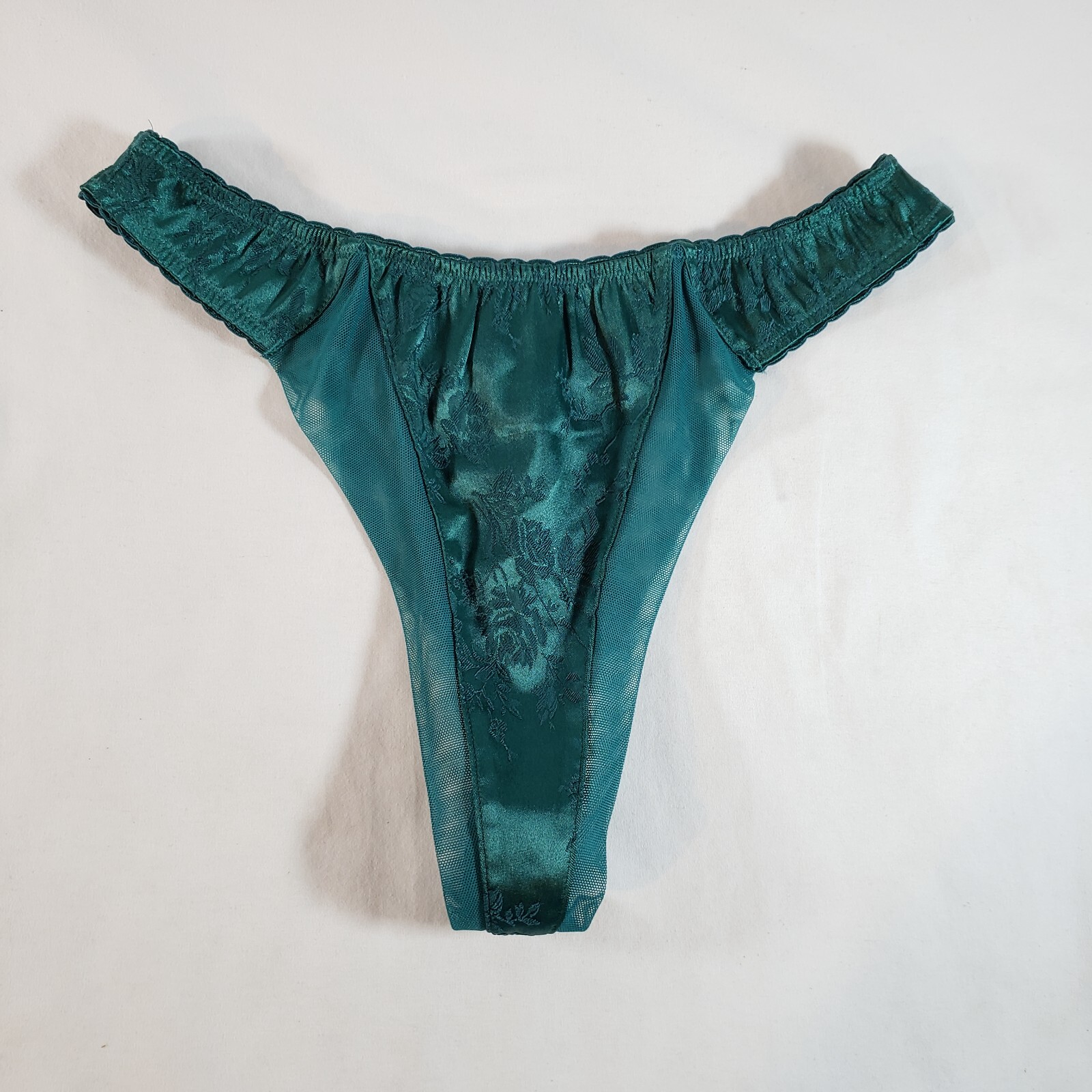 Victoria’s Secret Satin Jacquard Thong Medium Forest Green Lace VTG