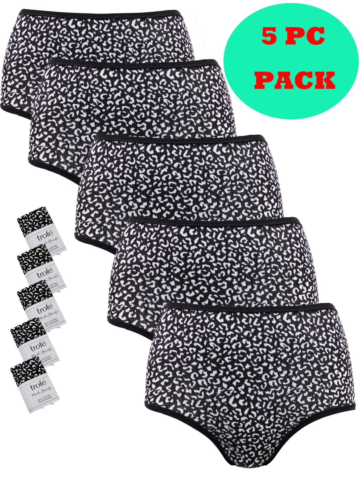 Bargain 5PC Pack of Animal print cotton rich midi briefs Size UK 14
