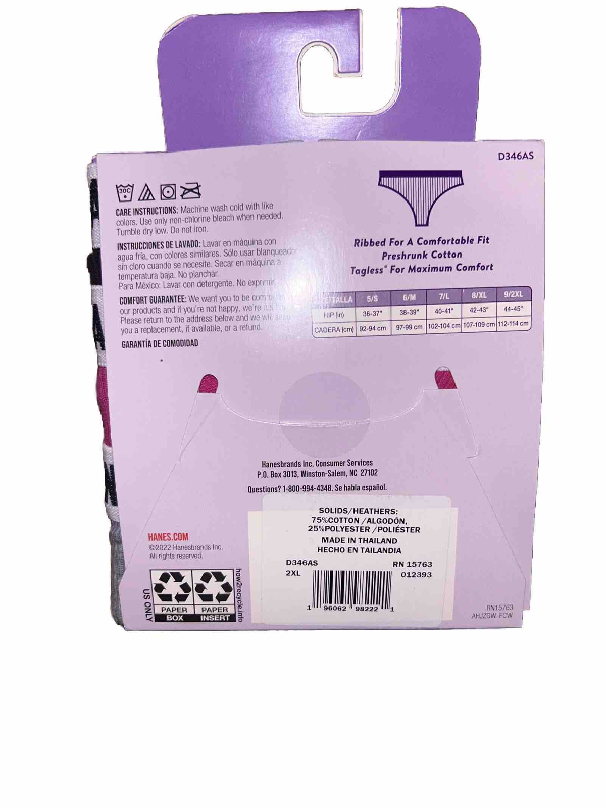 9 / 2XL Women’s Hanes 3 Pack Ribbed Thongs – Solid Colors Soft Cotton Breathable