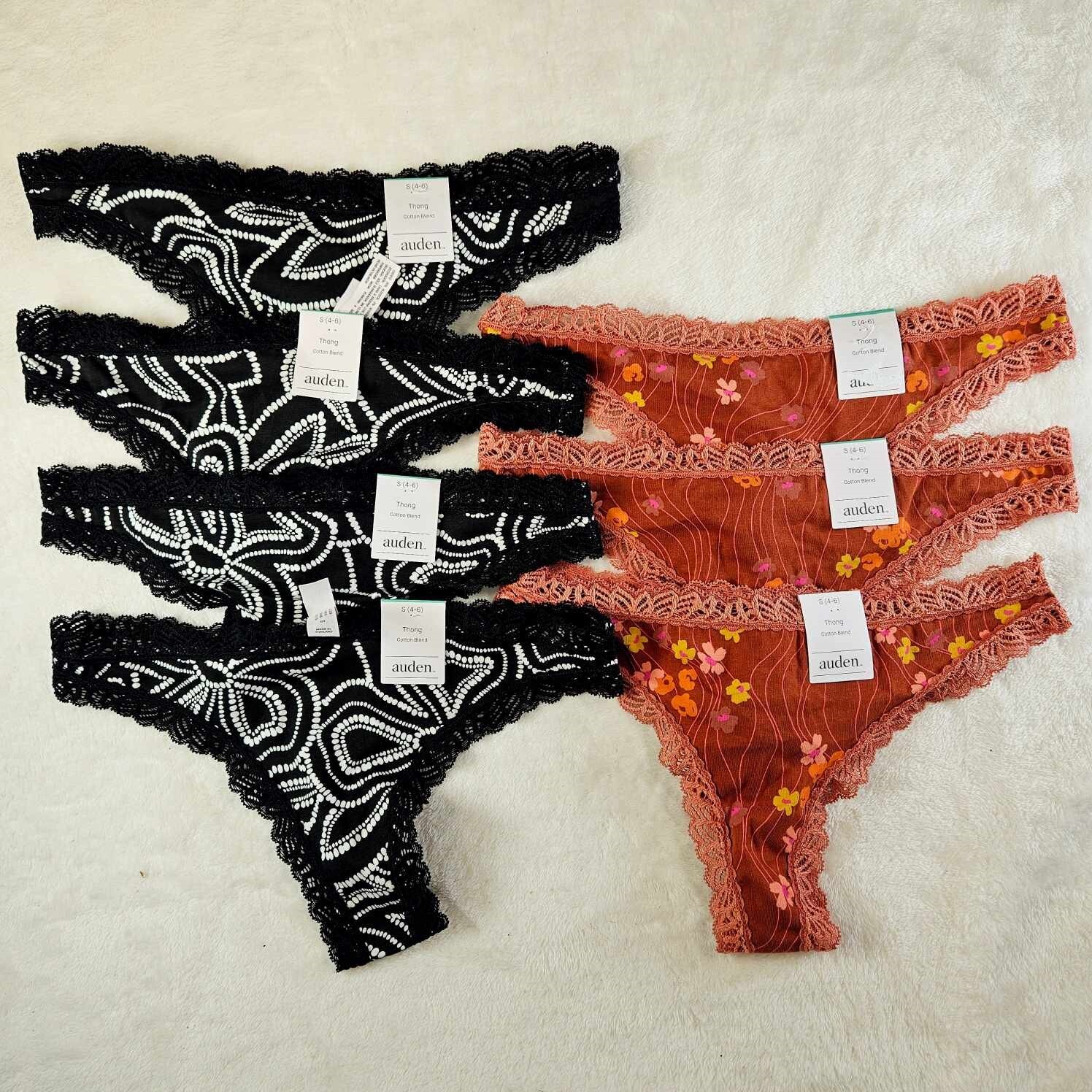 Auden 7pk Lace Trim Cotton Thong Underwear Womens Small Stretch Black/Brown