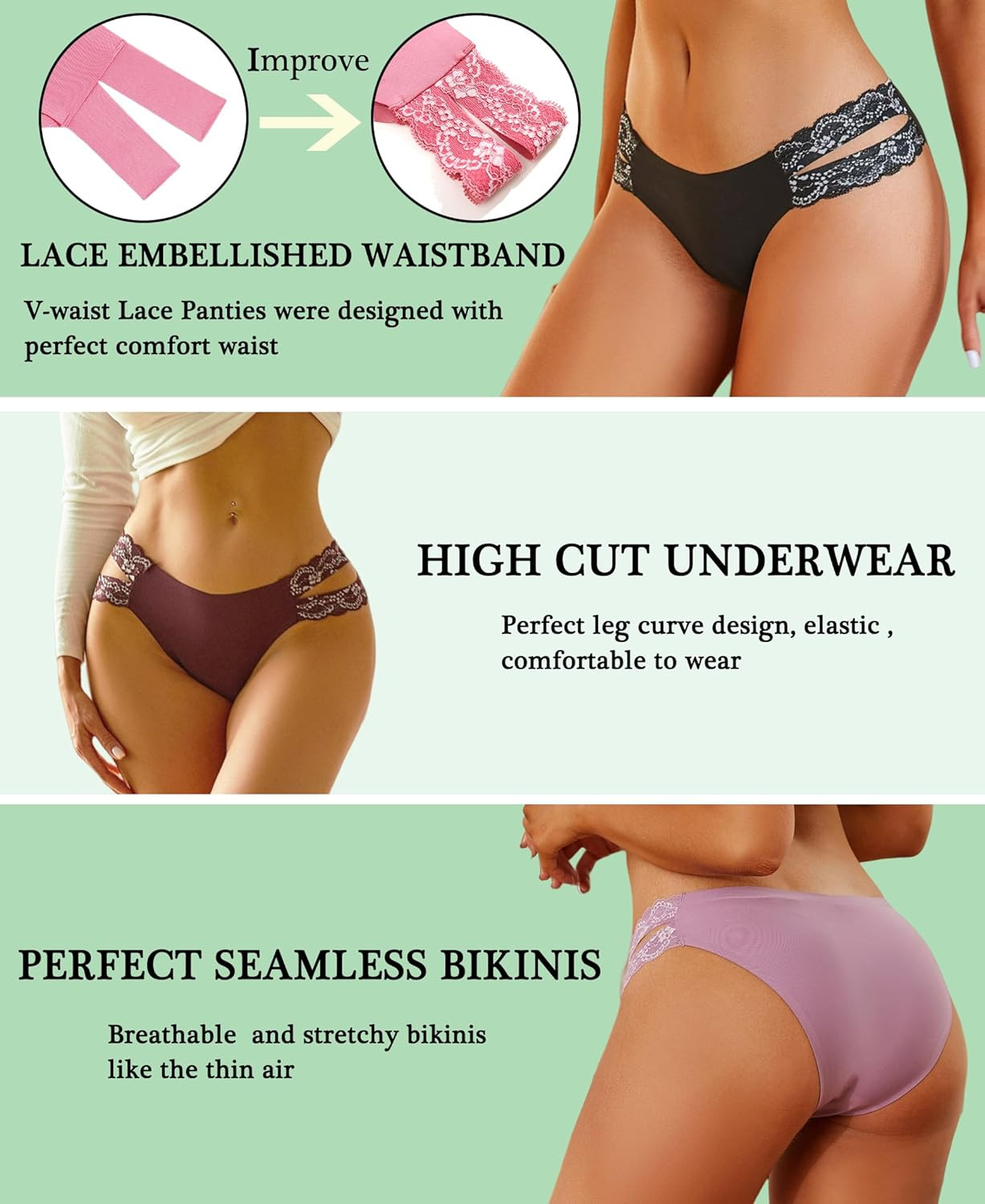 Seamless Underwear for Women Cheeky Bikini Panties High Cut V-Waist Lace Underwe