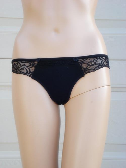 Basic Cotton Thong G-string w/Lace Sides Black Red White Purple Lingerie S/M AU