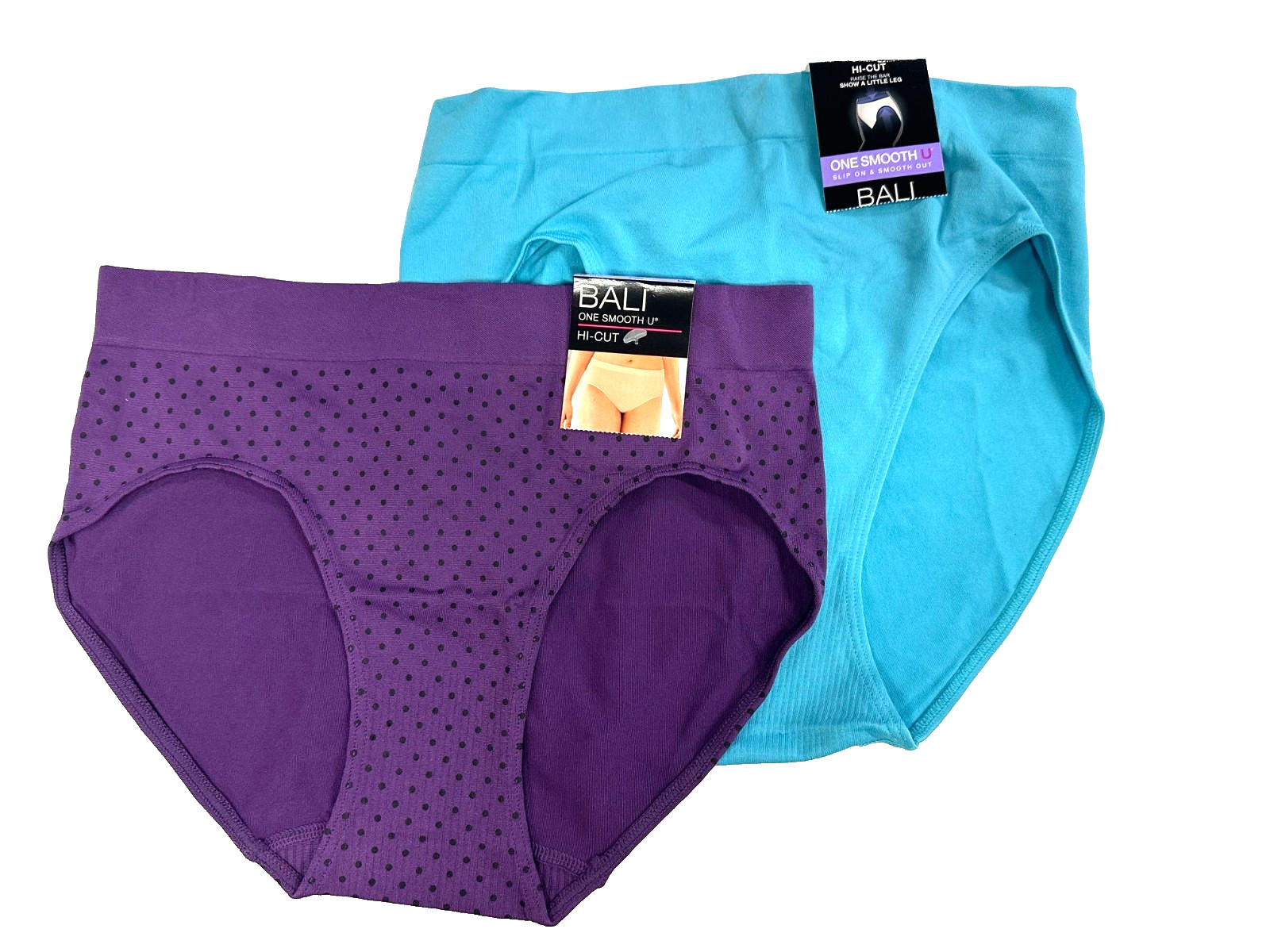 Bali Womens 2-Pack Smooth U Hi-Cut Brief Size XL/8 Blue Purple Dot Nylon Spandex