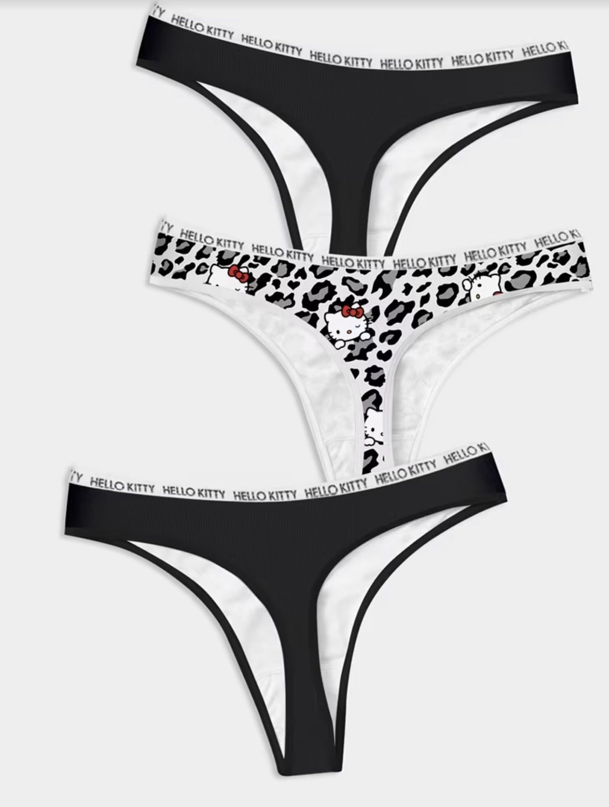 Women’s Teens Hello Kitty Thong Panties Black White Leopard Cartoon 3pk Medium