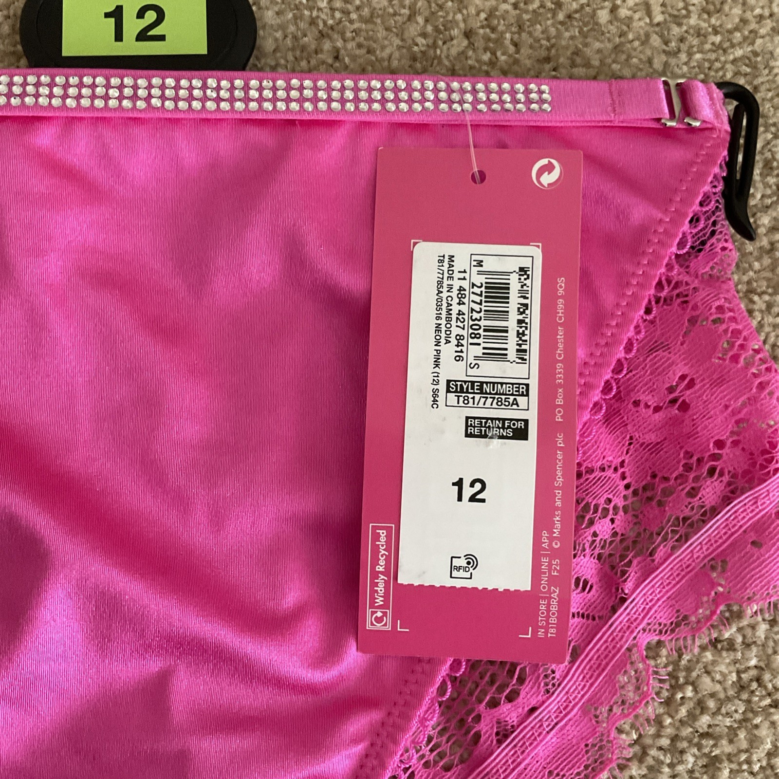 M&S Size 12 Boutique Aleksandra Satin Lace Brazilian Knickers Neon Pink Diamanté