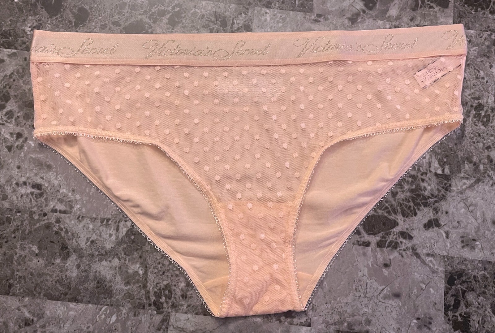VICTORIA’S SECRET XL PEACH MESH POLKA DOT THICK LOGO BAND RARE HIPHUGGER PANTIES