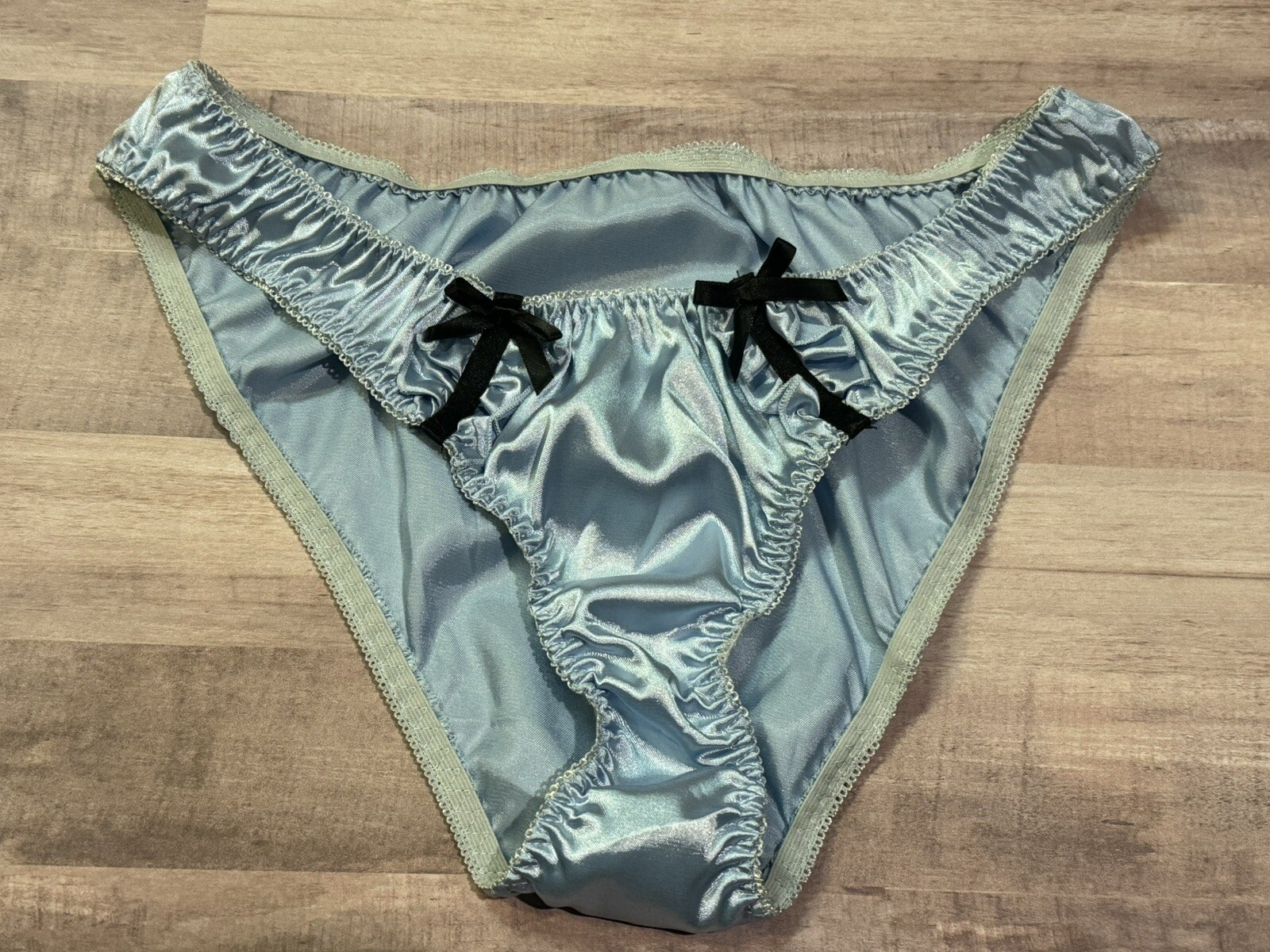 Baby Blue Satin Bikini Brief Panties Black Bow Trim Sz L