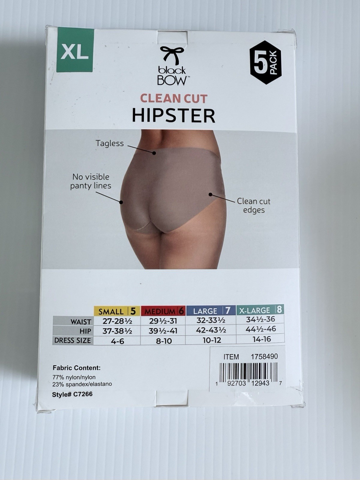 Black Bow Clean Cut Hipster Panties 5 Pack XL Seamless No Show Nylon Spandex New