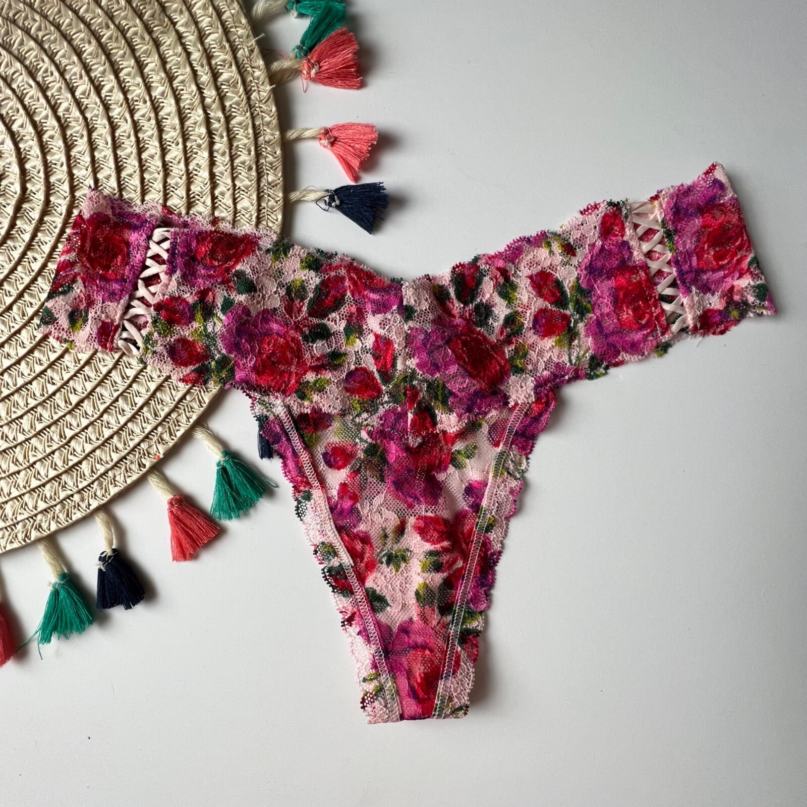 Victoria’s Secret Posey Lace-Up Lacie Thong Panty Multi Floral S NEW