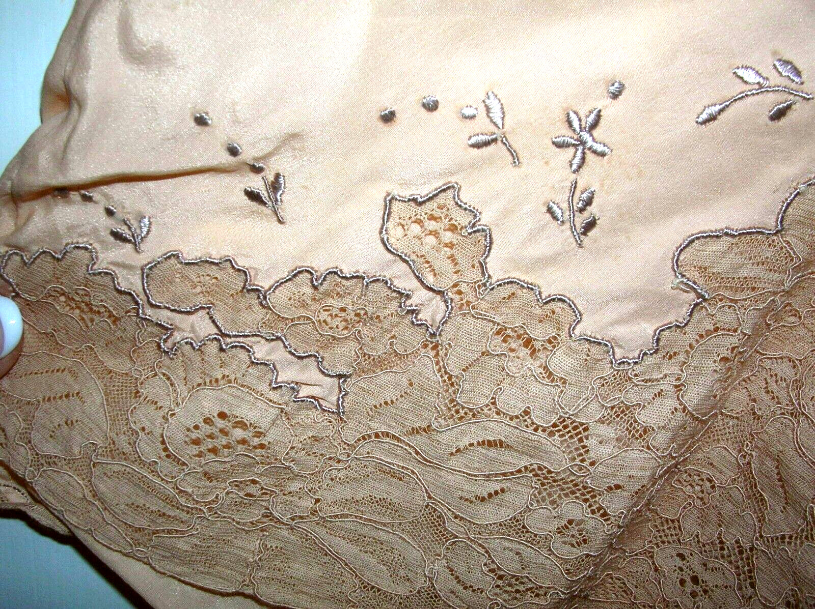 Art Deco Flapper Silk/Satin Lace Trim, side button, Under garment Peach Ecru #A