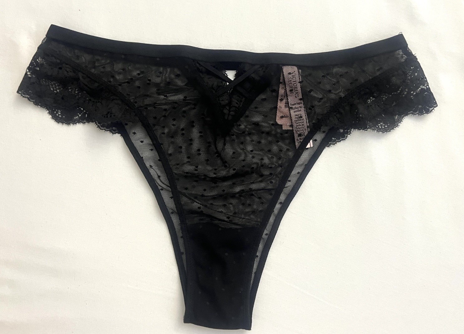 NEW Victoria Secret DREAM ANGELS Brazilian Slip Panty Black Sheer Dot Lace NWT S