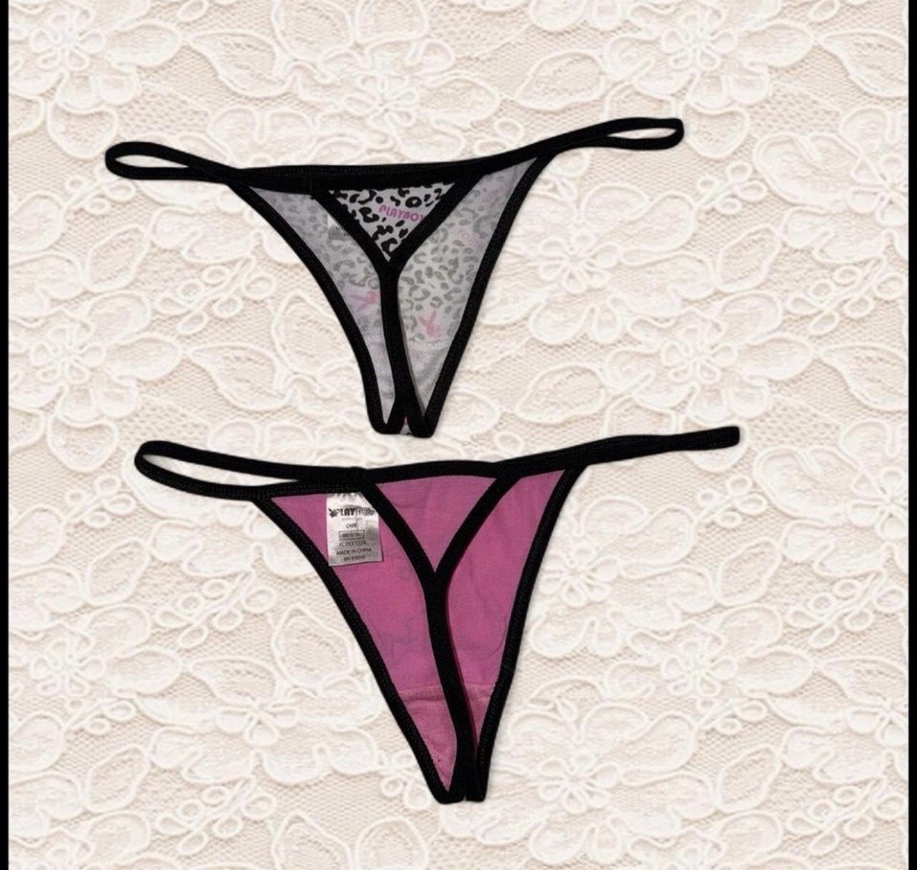 Pink And Black Playboy Thong With Cheetah Black And White 2 Pack