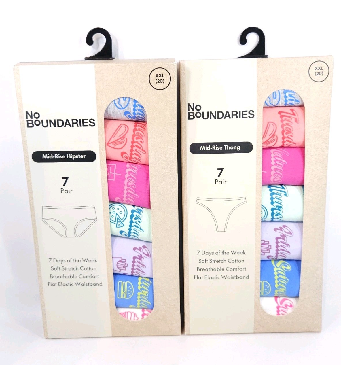No Boundaries Women Cotton Panties 7 Pack Days Week XXL 20 Lot 2 Hipster Thong