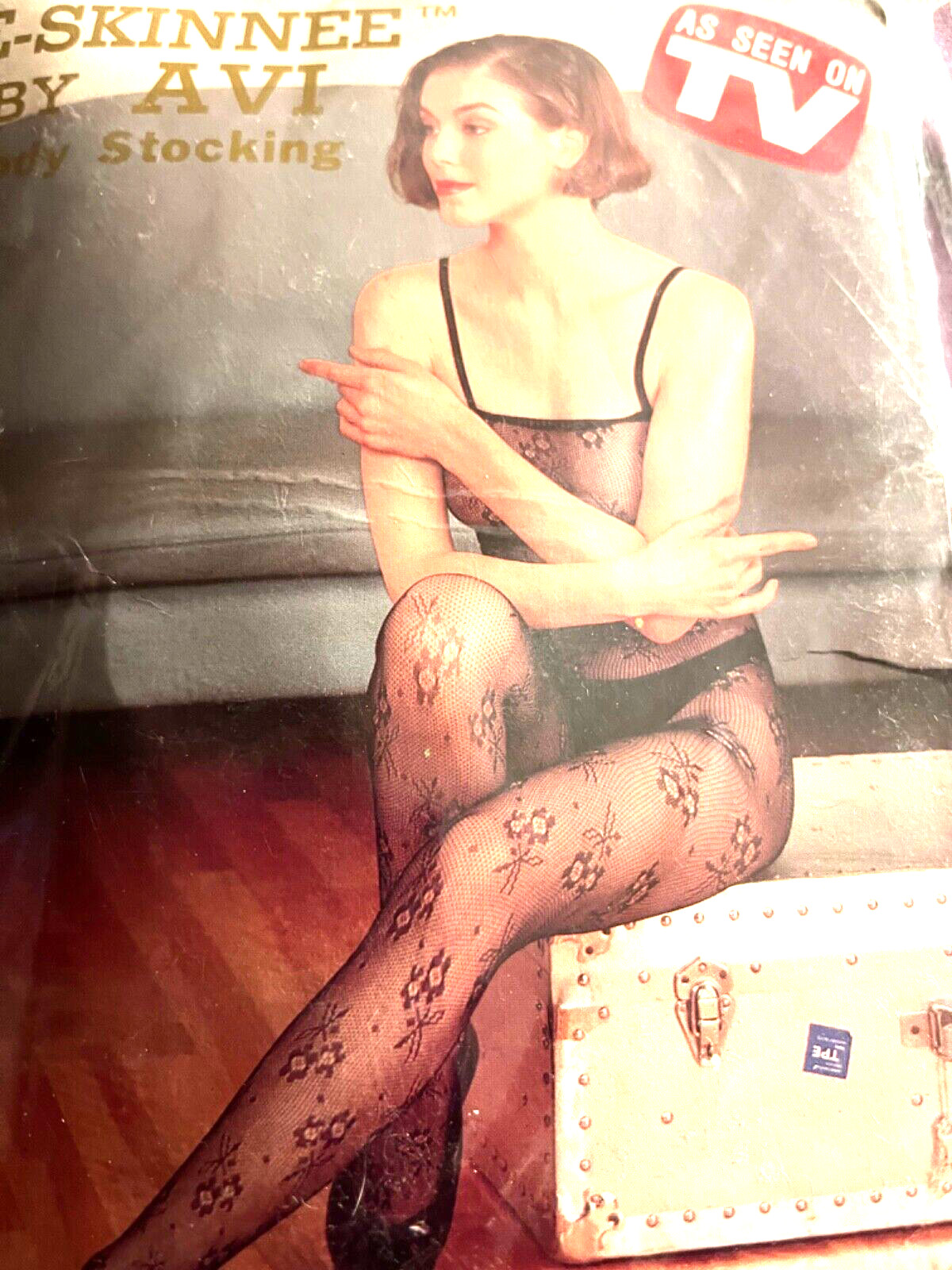 VINTAGE c1990 -SKINNEE BRAND by AVI SEXY NYLON BLACK LACE BODY STOCKING Sz (S)