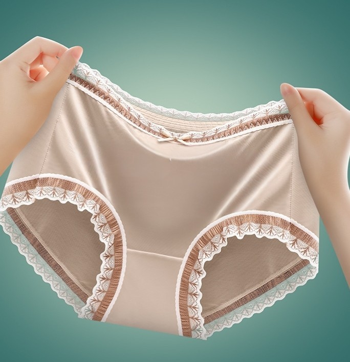 3 Pack Lace Satin Seamless Panties Mid Waist Bikini Antibacterial Cotton Crotch