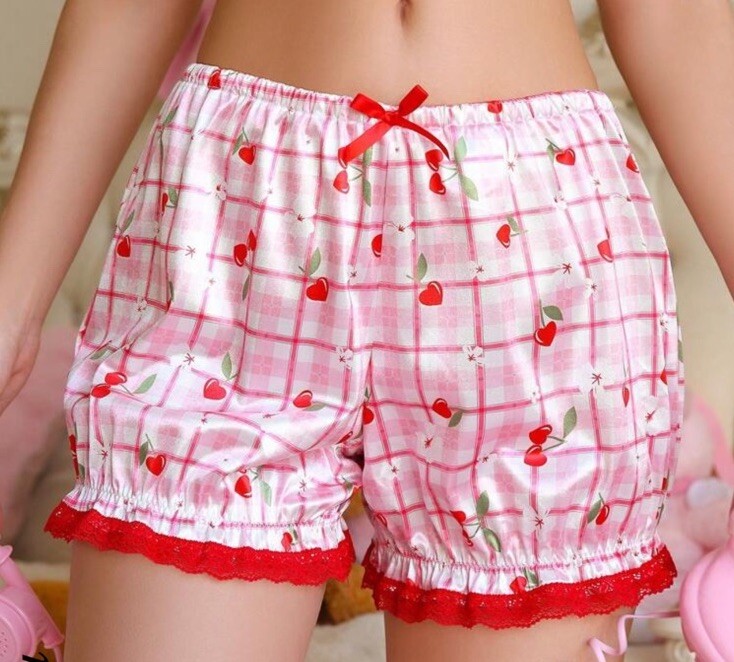 Adorable White & Red Glossy 🍒 Satin Bloomers Frily Lacy Brief Pantie XL New