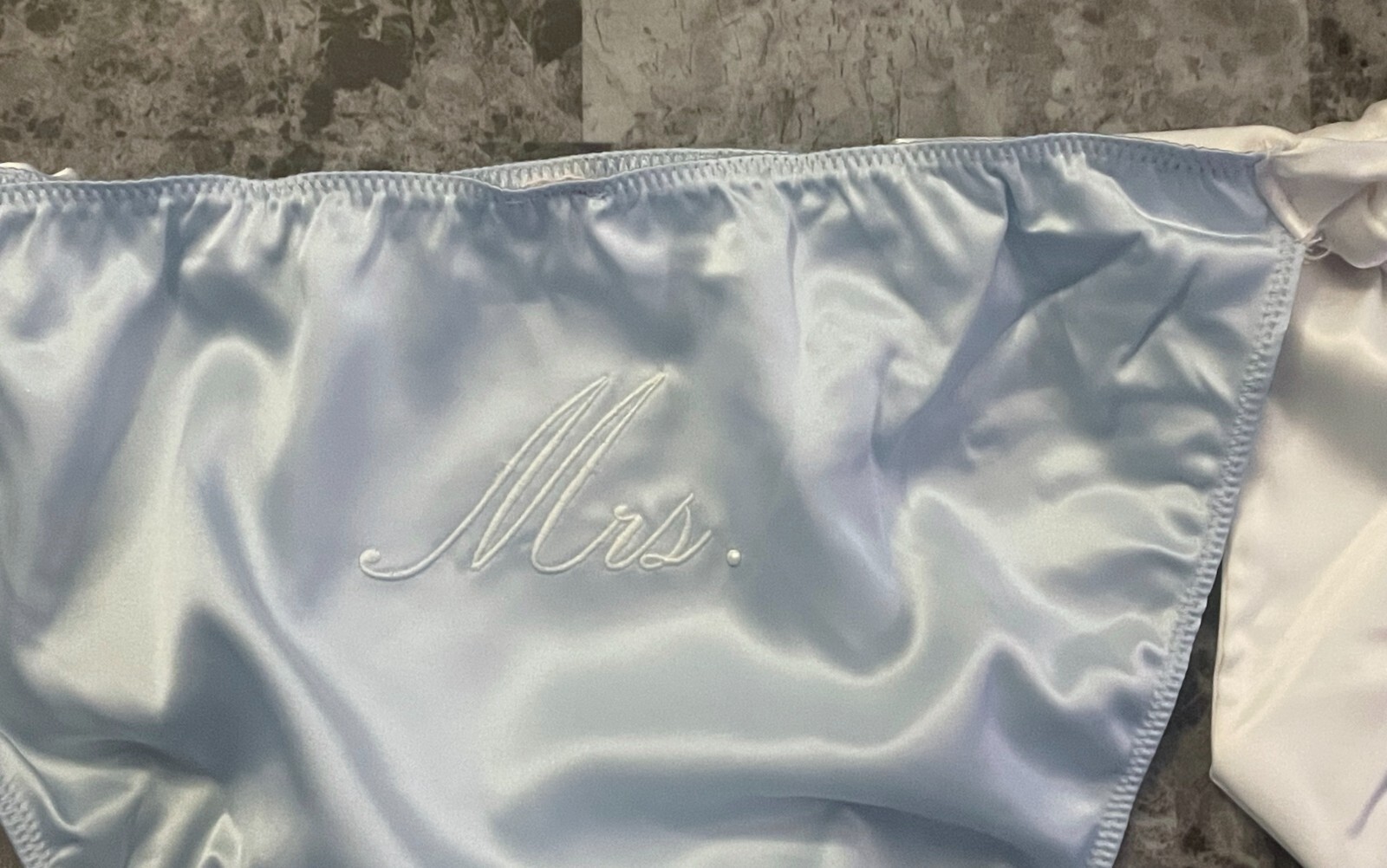 NWT VICTORIA’S SECRET MRS. BRIDAL BLUE SATIN SMOOTH SIDE TIE CHEEKY PANTIES