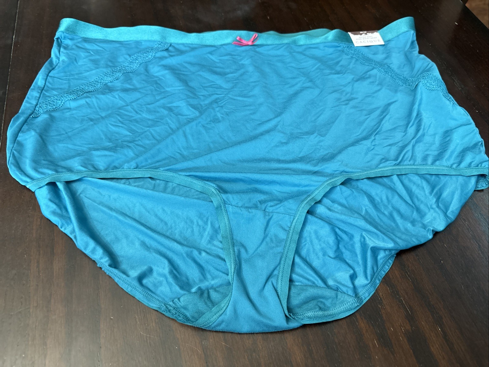 Cacique Extra Soft High Waist Brief 30-32 Teal With Lace Detail And Pink Bow NWT