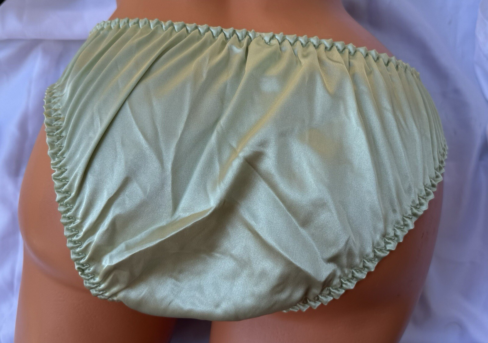 Light Moss Green Silky Satin Bikini Panties Ruffle Black Side Bows Sz XL