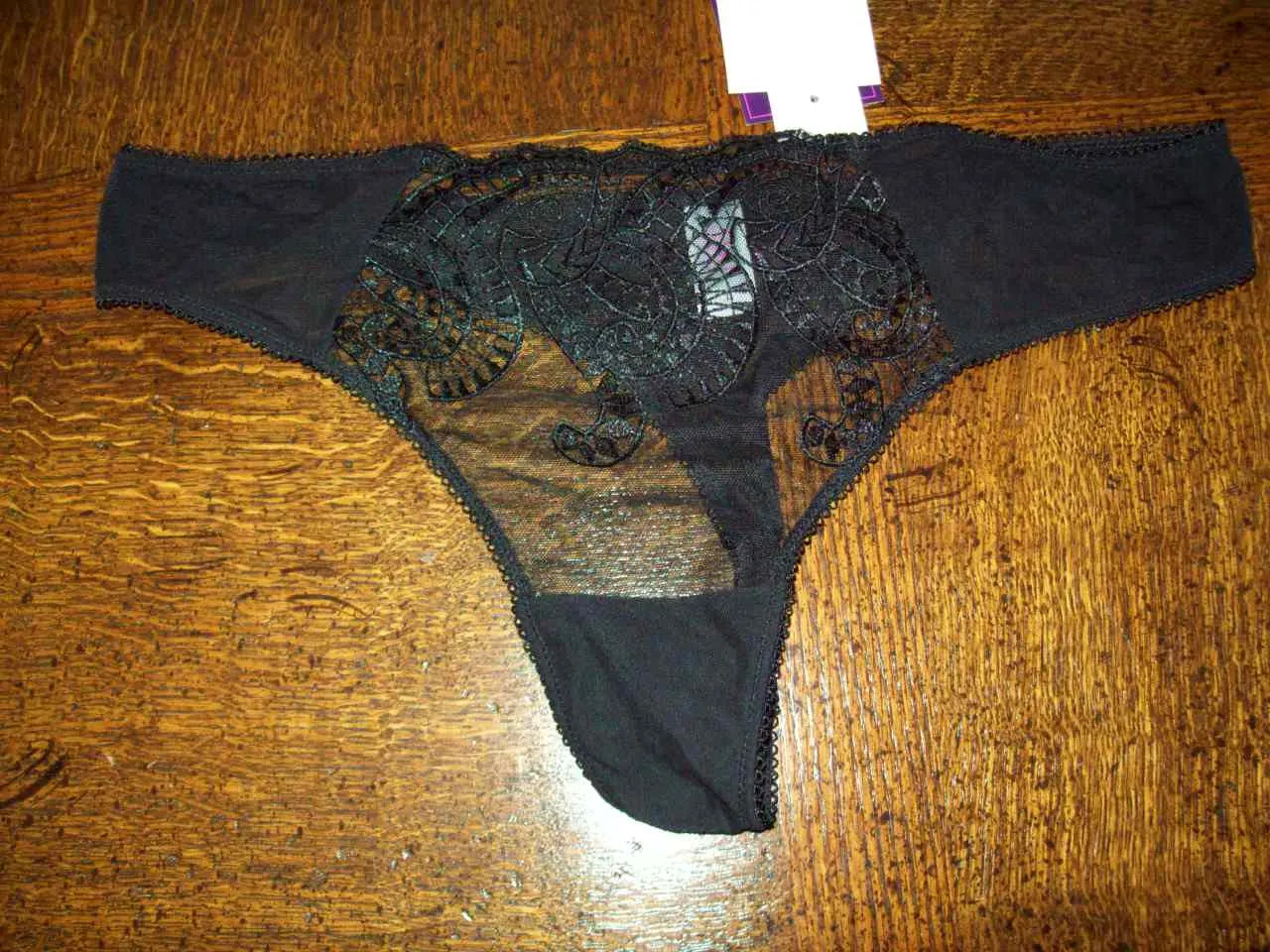 NWT SAKI SILVER 91% NYLON 9% SPANDEX THONG PANTIES w LACE P2061 BLK XL