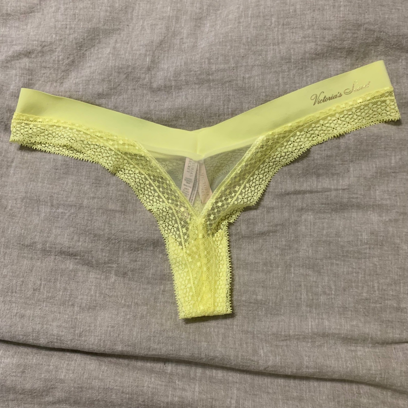 Victoria’s Secret Thong Womens XL Yellow Lace Mesh Gold Logo Low Rise Sexy