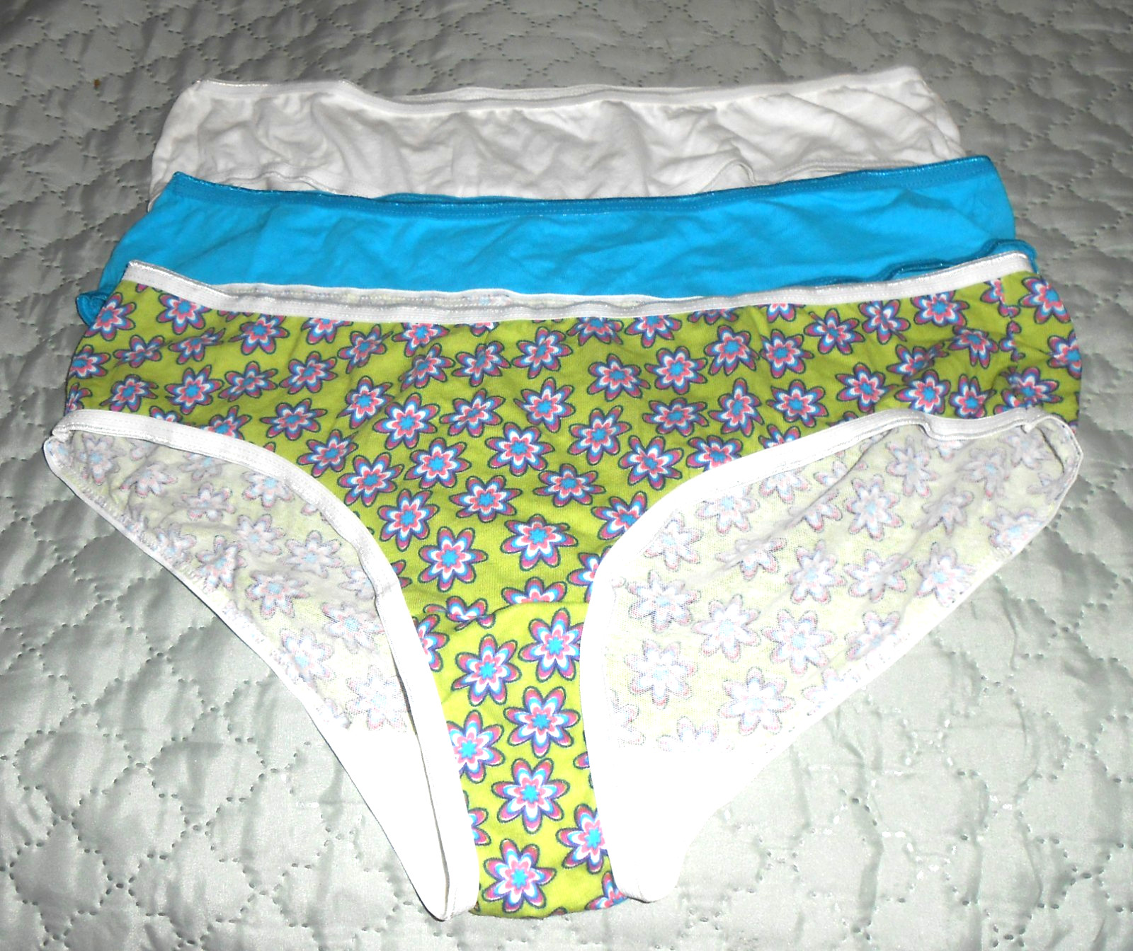 WOMEN’S FRUIT OF THE LOOM BIKINI PANTIES – 3 – WHITE/BLUE/GREEN FLOWER – SIZE 8