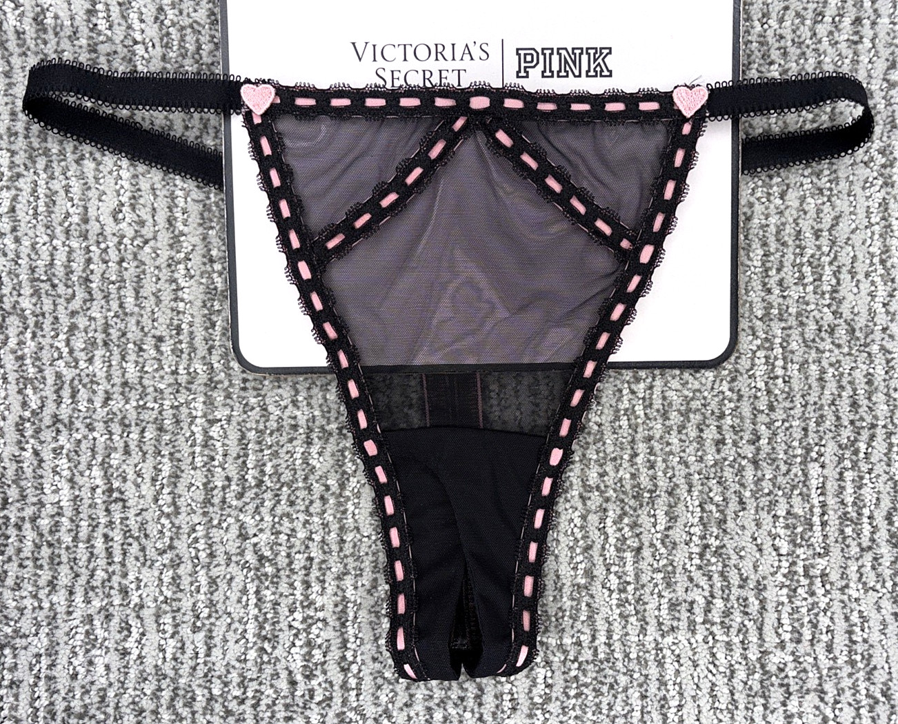 Victoria’s Secret Dream Angels NWT Medium Black Mesh Crotchles Thong Panty Sexy