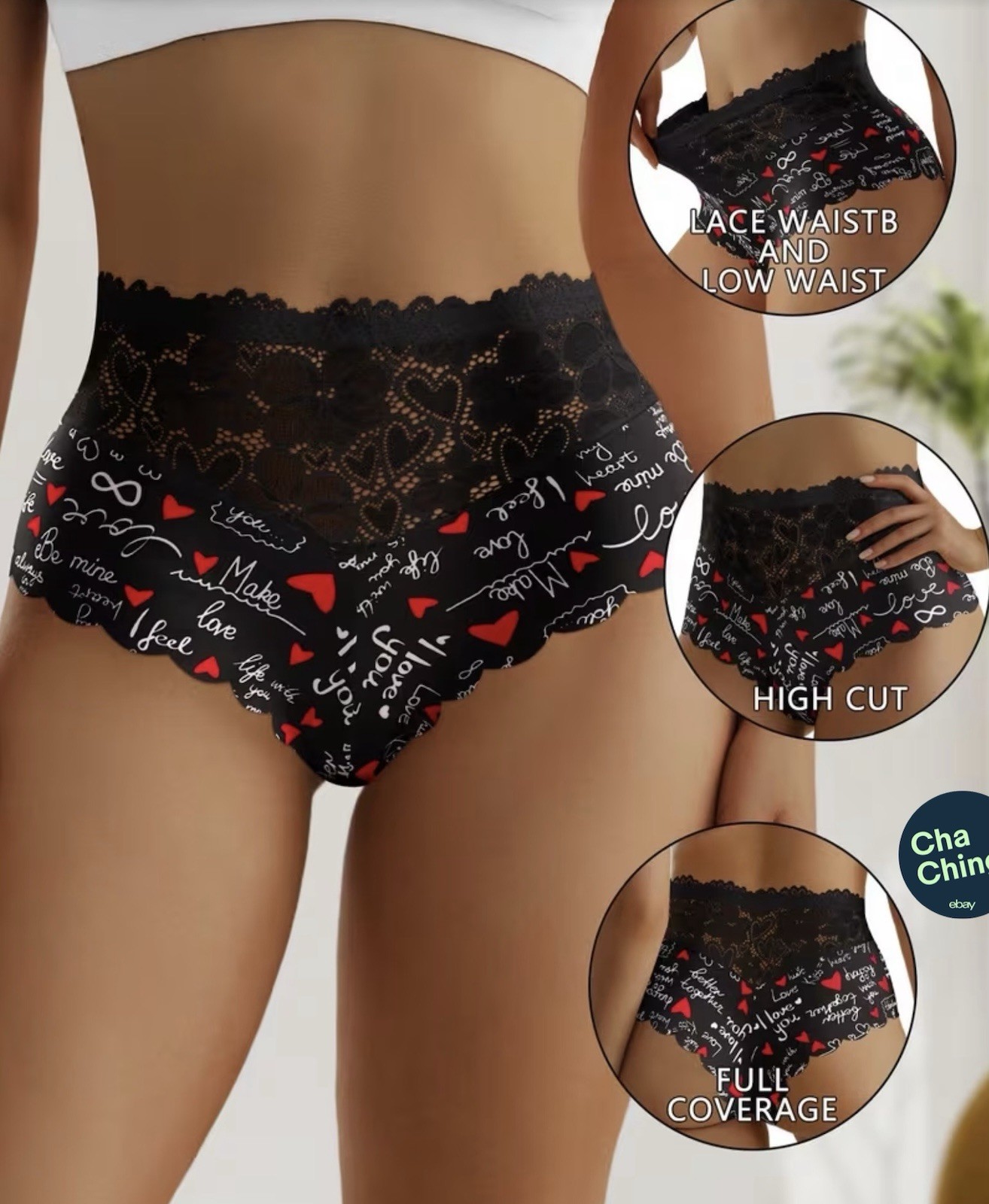Women’s Teens Mid-Rise Lace Briefs Heart Script Print Red Black White 5Pk Large