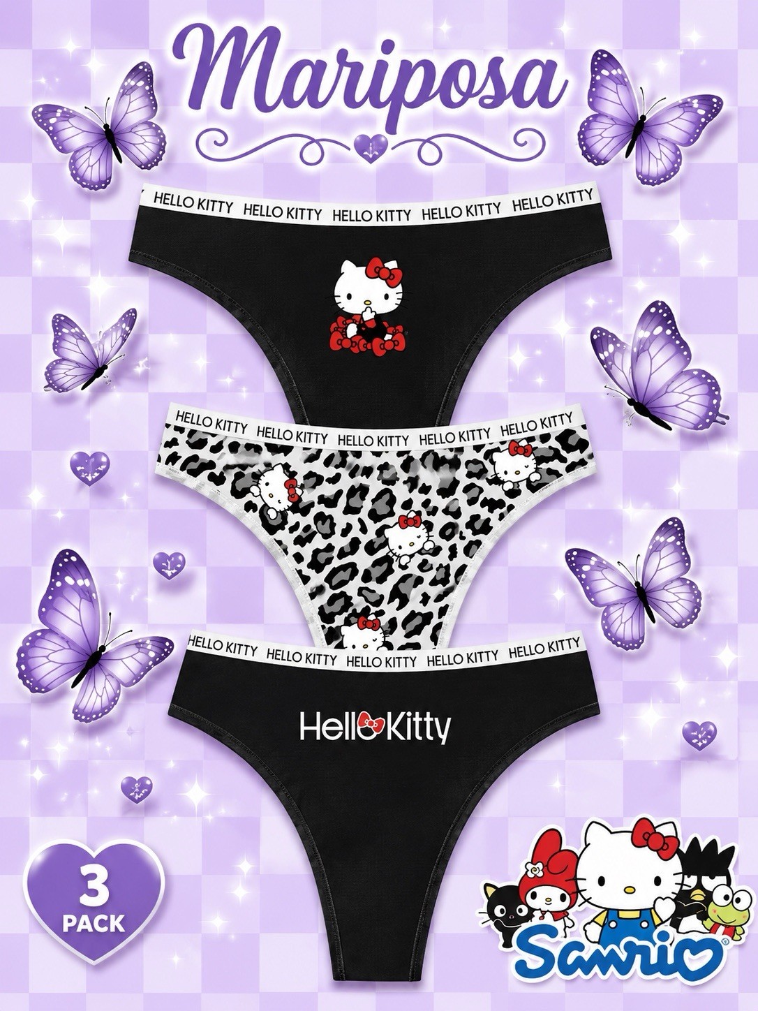 Women’s Teens Hello Kitty Thong Panties Black White Leopard Cartoon 3pk Medium