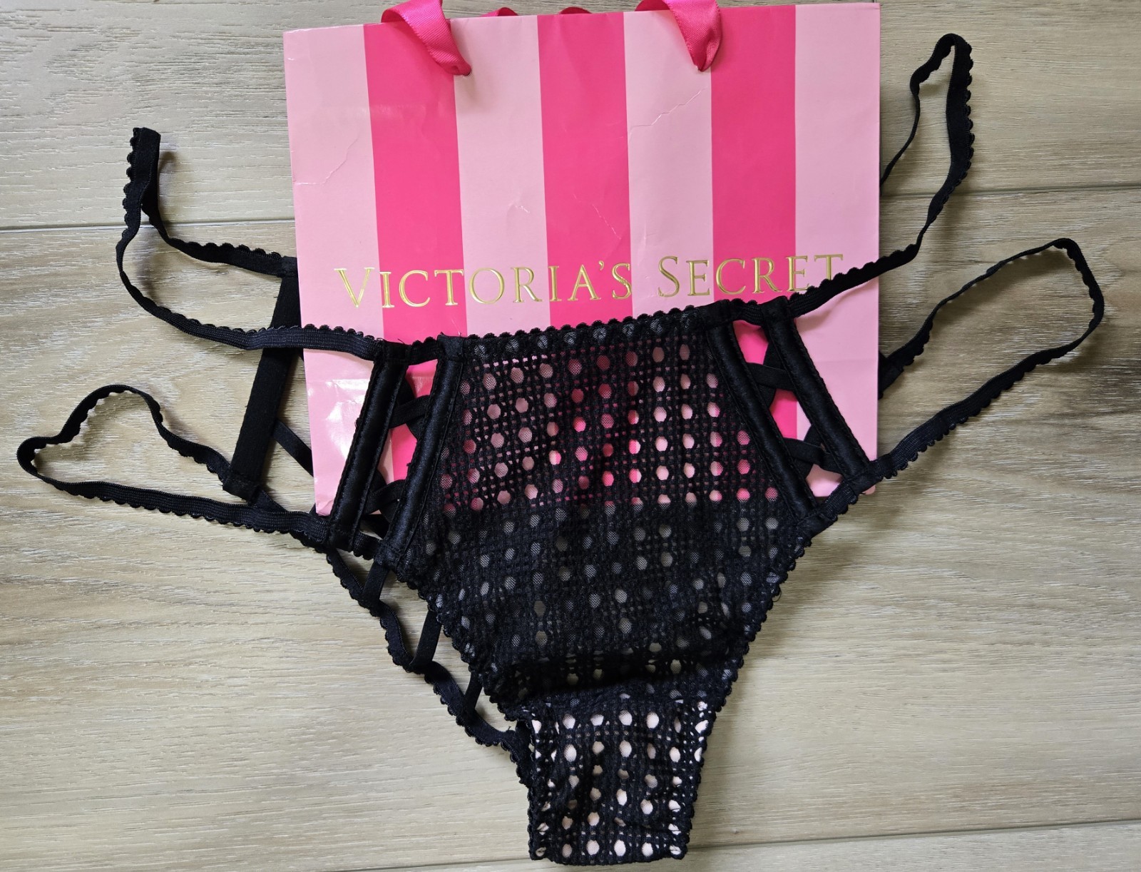 Vintage Victoria’s Secret Black After Dark Crochet Lattice Cheekini Panties L